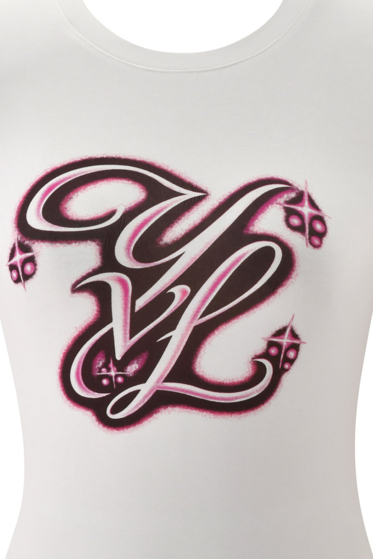 White YVL T-SHIRT - WHITE MONOGRAM featuring a large airbrushed-style monogram logo in black and pink with small star accents.