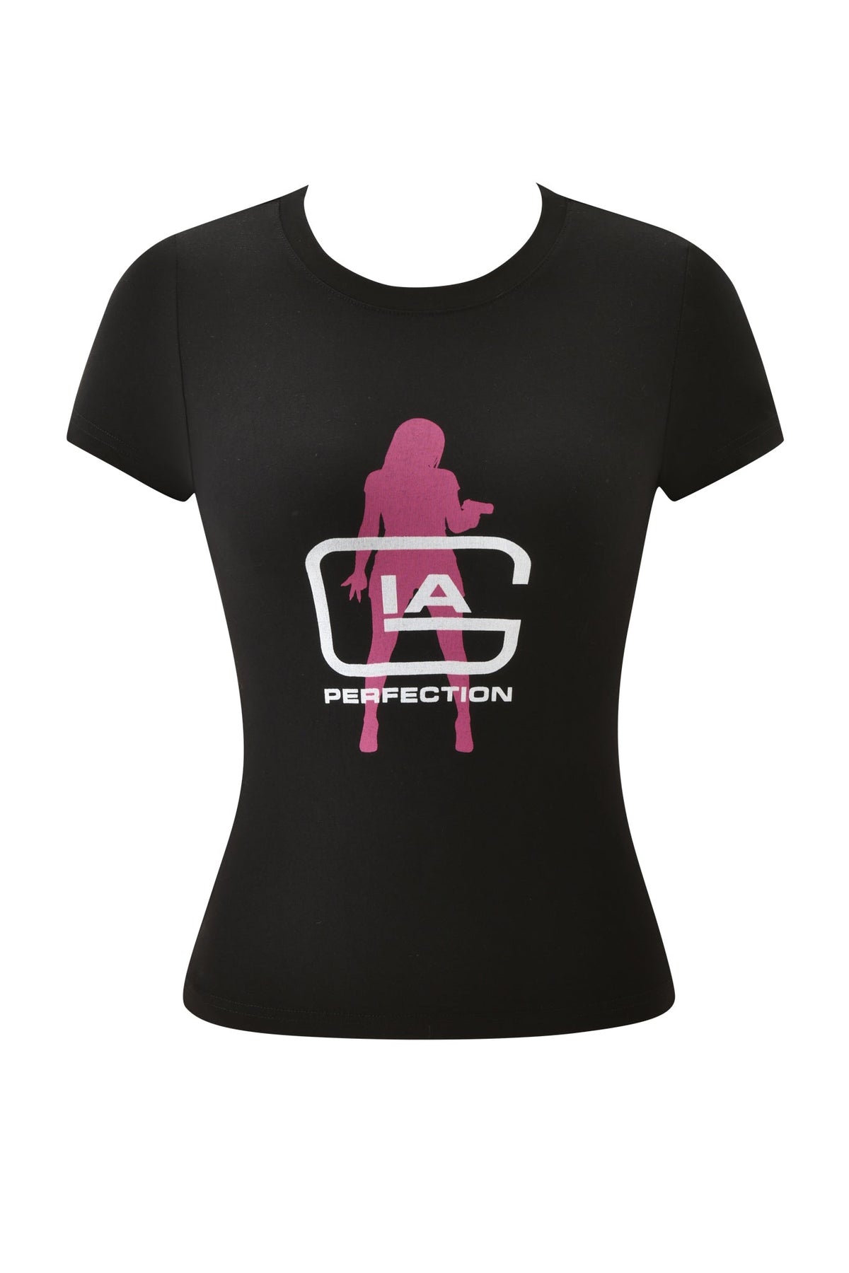 Black YVL T-SHIRT - BLACK GIA with short sleeves and a crew neck, featuring a pink silhouette of a woman inside a white letter G with “IA” and “PERFECTION” printed below.