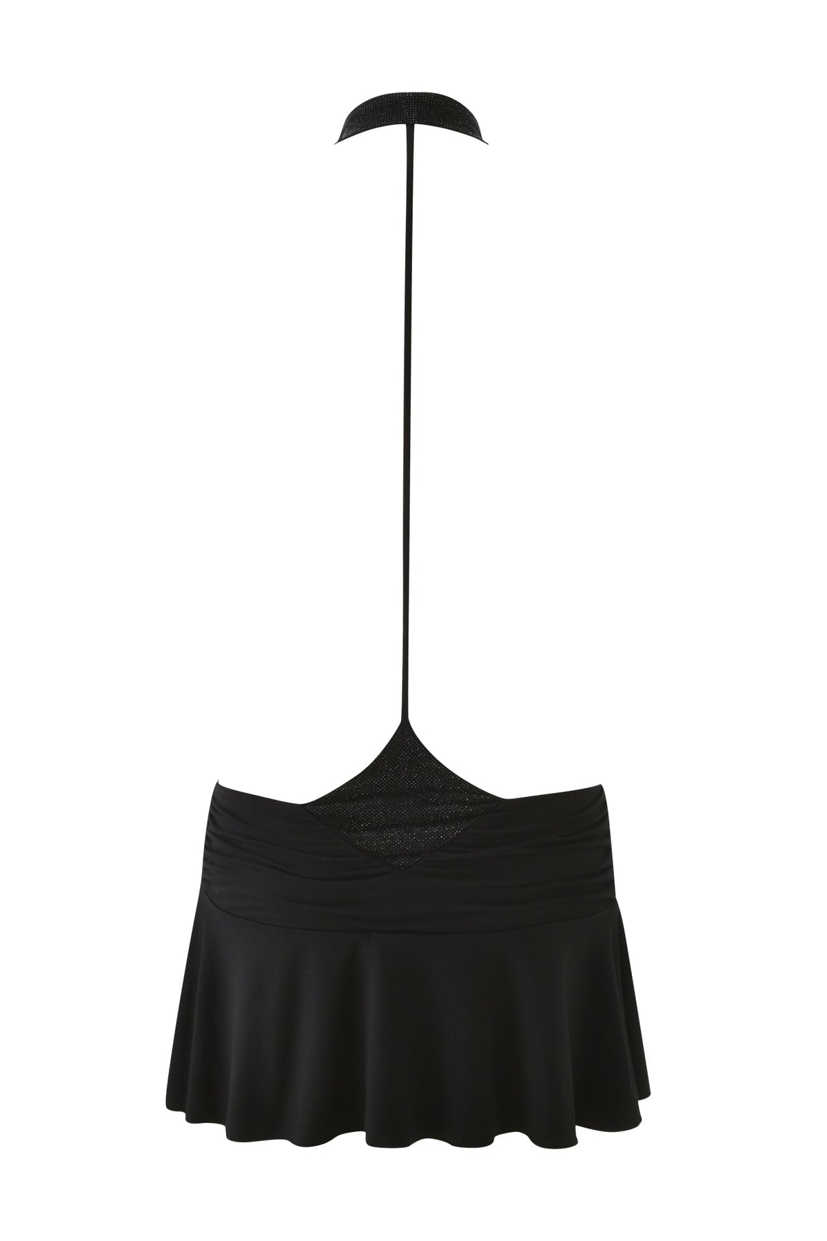 AMARYS MINI DRESS - BLACK, a draped mini dress featuring a halter neck strap and a triangular cutout at the waist.