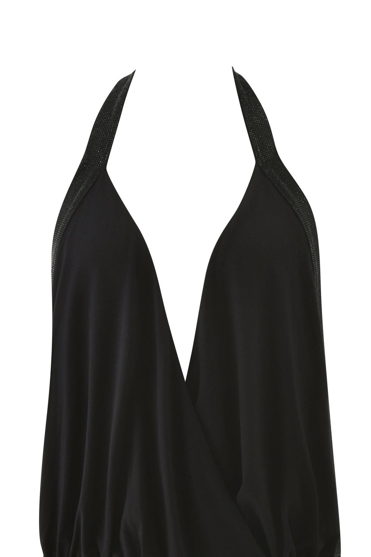 AMARYS MINI DRESS - BLACK, a black draped mini dress with a deep V-neckline and textured halter straps.