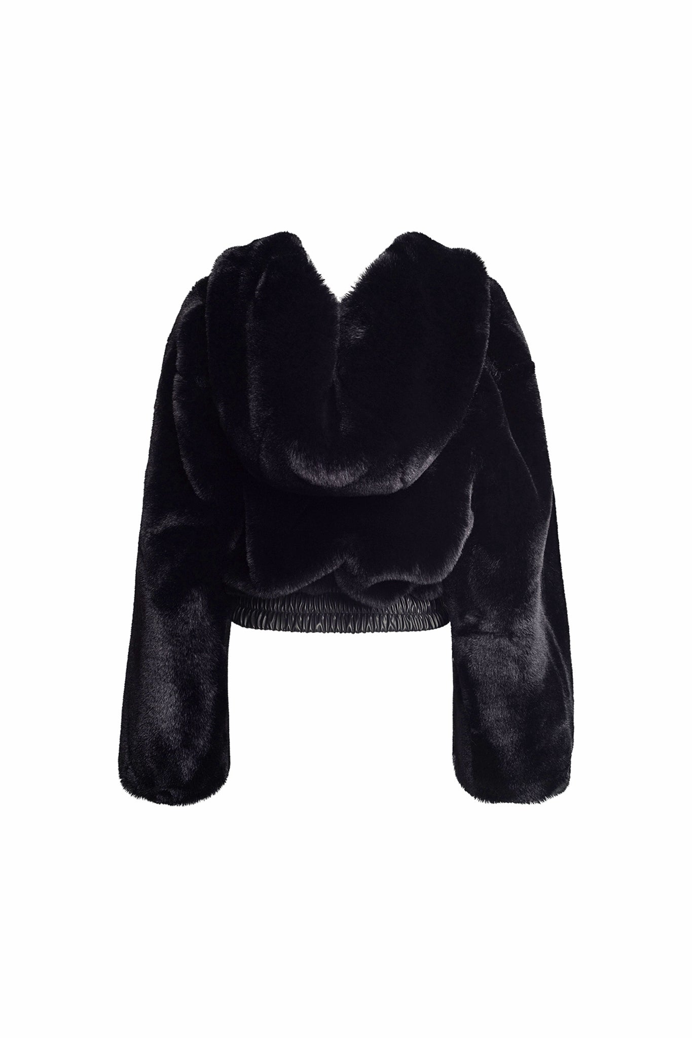 The 717 Jacket by I.AM.GIA is a black faux fur cropped jacket featuring long sleeves and a hood. Photographed from the back against a white background, the plush, soft material highlights the quintessential style of I.AM.GIA.