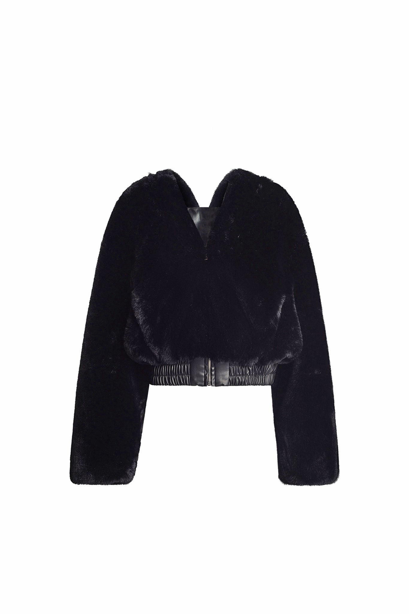 The 717 Jacket in Black by I.AM.GIA is a cropped, long-sleeve faux fur jacket that features a wide V-neckline and an elasticized waistband. Its plush, textured fabric provides a luxurious and soft appearance, elegantly showcased against a plain white background.