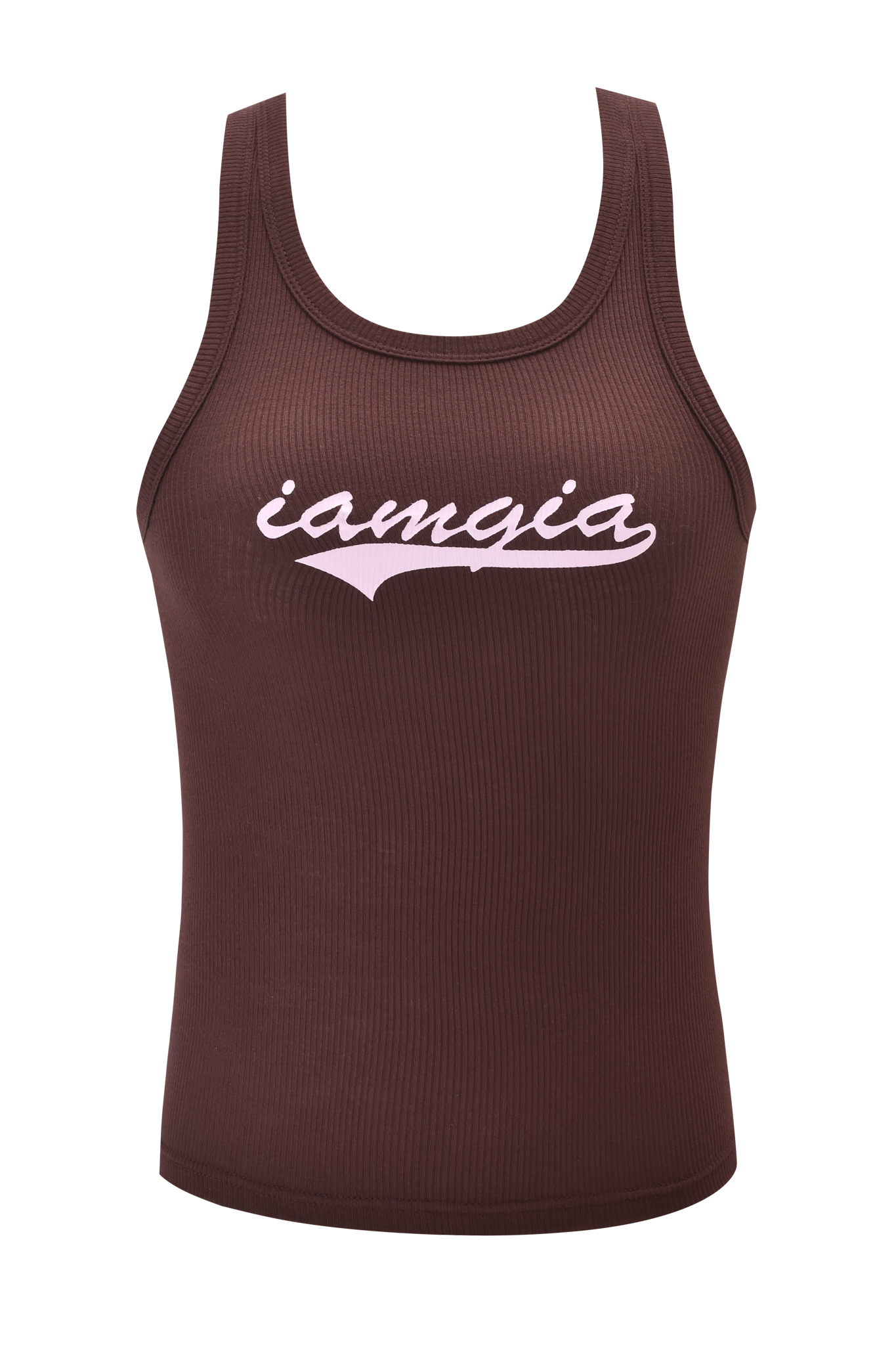 The PENELOPE TANK - BROWN by I.AM.GIA is a ribbed, sleeveless racer tank with "iamgia" in pink cursive across the chest, blending comfort and style.