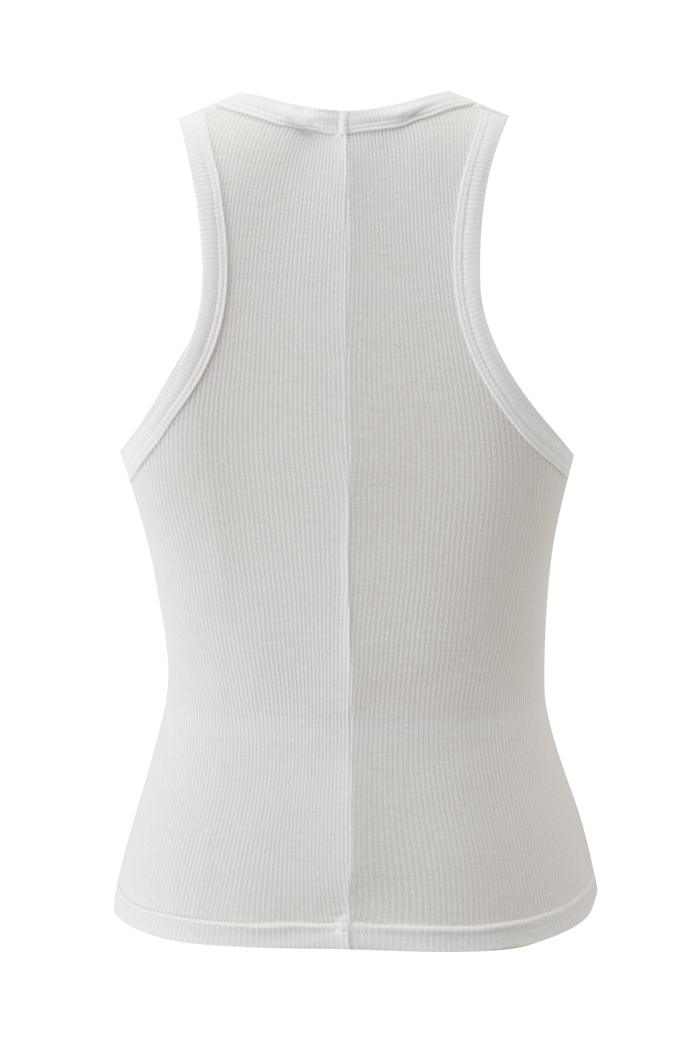The I.AM.GIA PENELOPE TANK - GIRL NEXT DOOR is displayed from the back, showcasing its sleeveless racerback style, rib knit texture, and a vertical center seam.