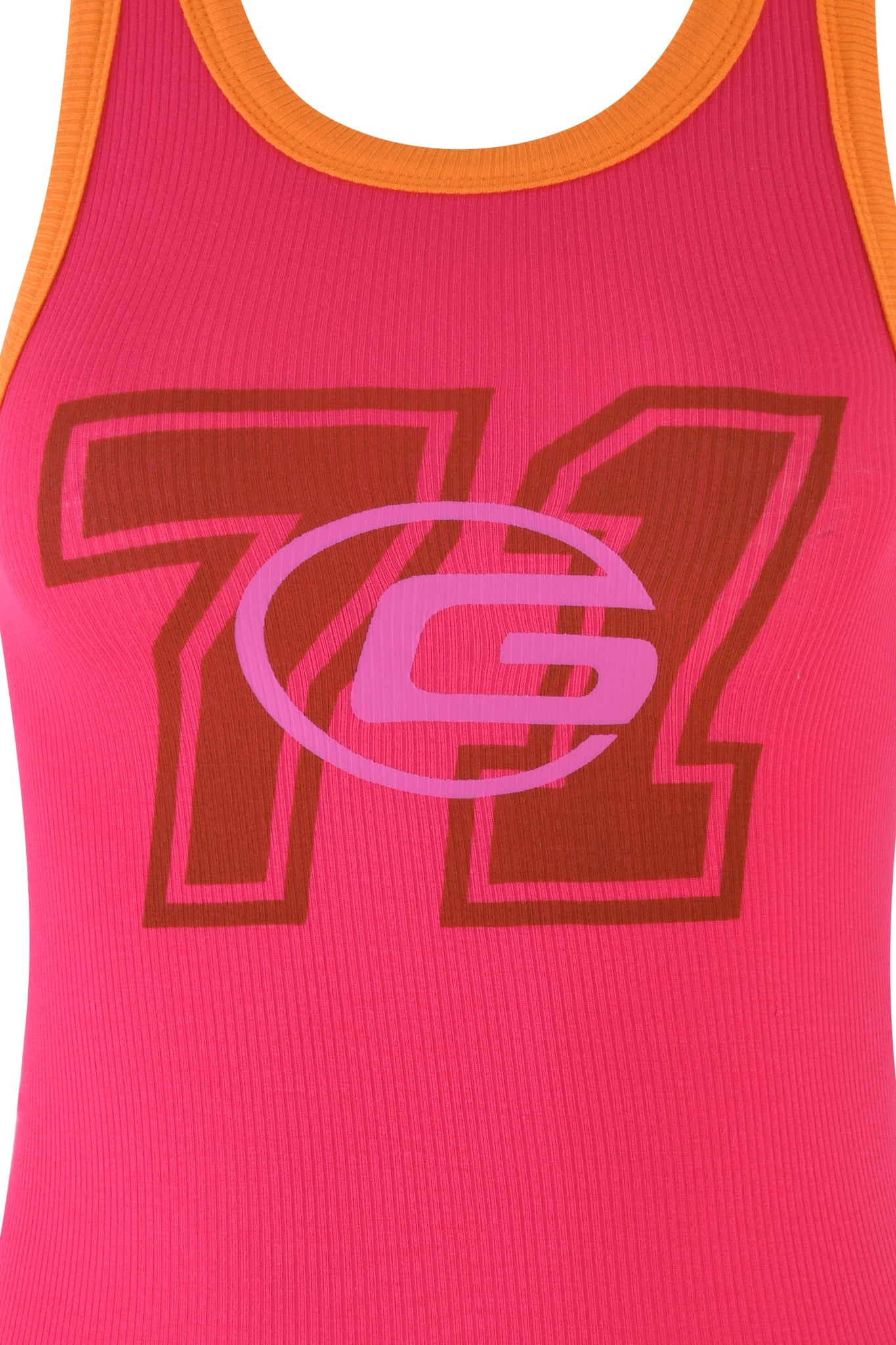 The I.AM.GIA PENELOPE TANK - HOT PINK is a vibrant sleeveless top with orange trim, adorned with a large red number "71" and a stylized purple "G" in a circle on the front center. Its ribbed fabric offers a subtle bodycon fit, adding texture and style to the design.