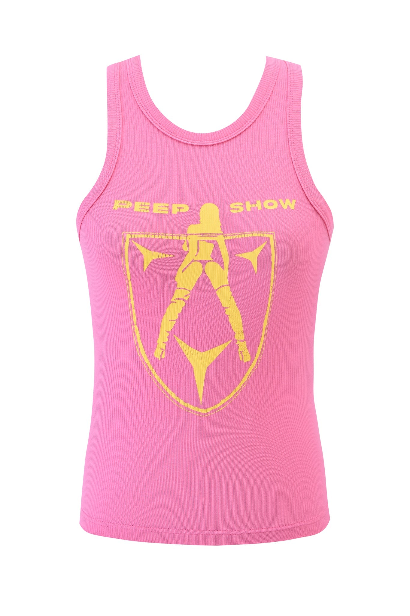 Introducing the PENELOPE TANK - PEEP SHOW by I.AM.GIA: A pink ribbed tank featuring a vibrant yellow graphic of a stylized woman in boots, with "PEEP SHOW" above her. The design includes a bold shield-like shape, adding an edgy twist to your casual wardrobe.