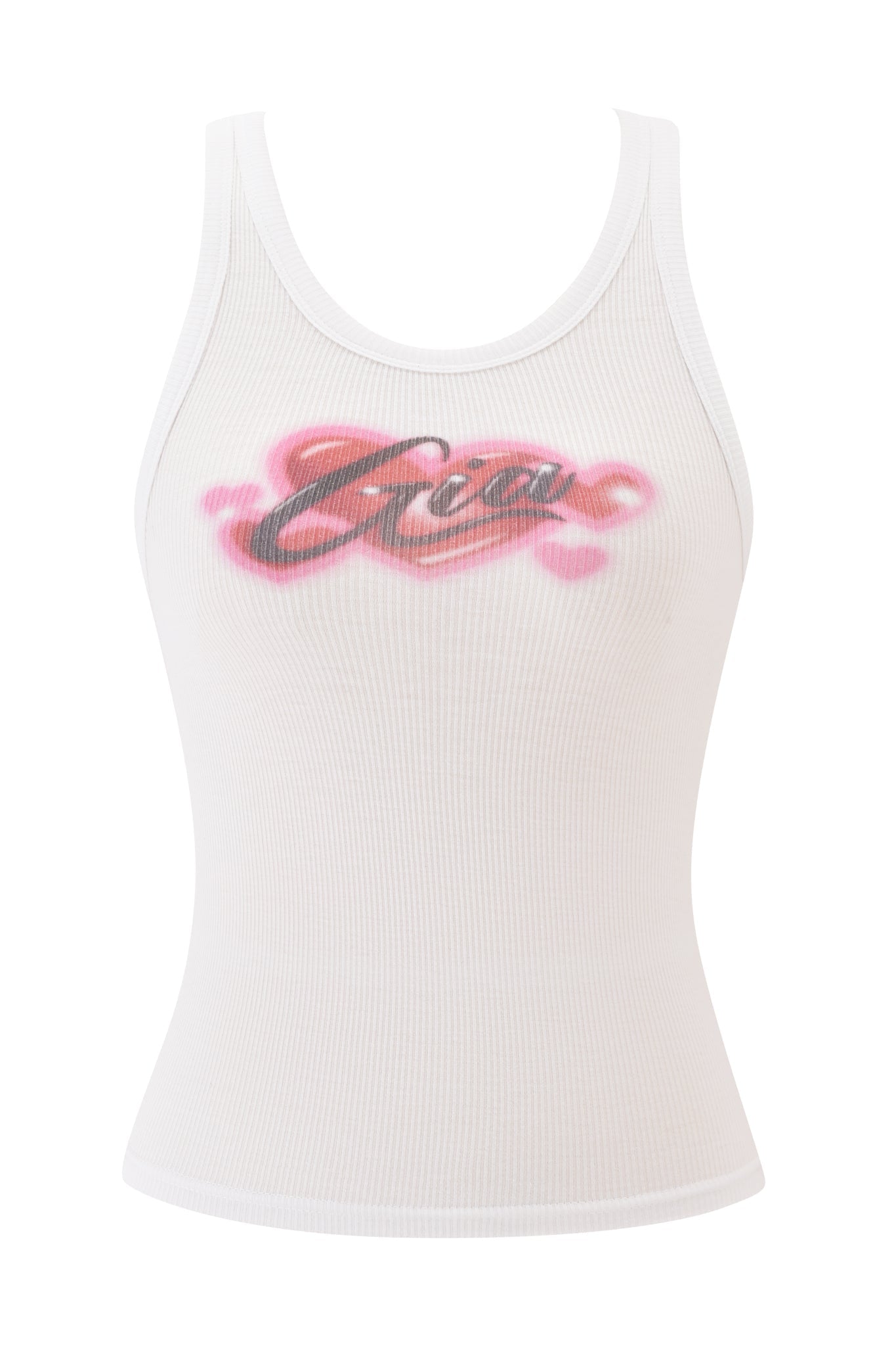 The PENELOPE TANK - PINK AIRBRUSH by I.AM.GIA is a white rib racer tank with pink and black graffiti-style I.AM.GIA print across the chest.