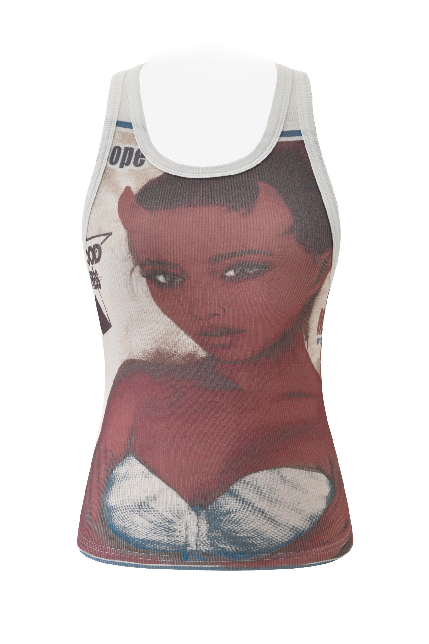 Introducing the I.AM.GIA T-REX PENELOPE TANK - WHITE: a fitted white racer tank top featuring an illustrated print of a woman with red skin, short dark hair, and a white strapless top set against a light background with bold text accents. This striking I.AM.GIA design is the perfect statement piece for summer festivals.