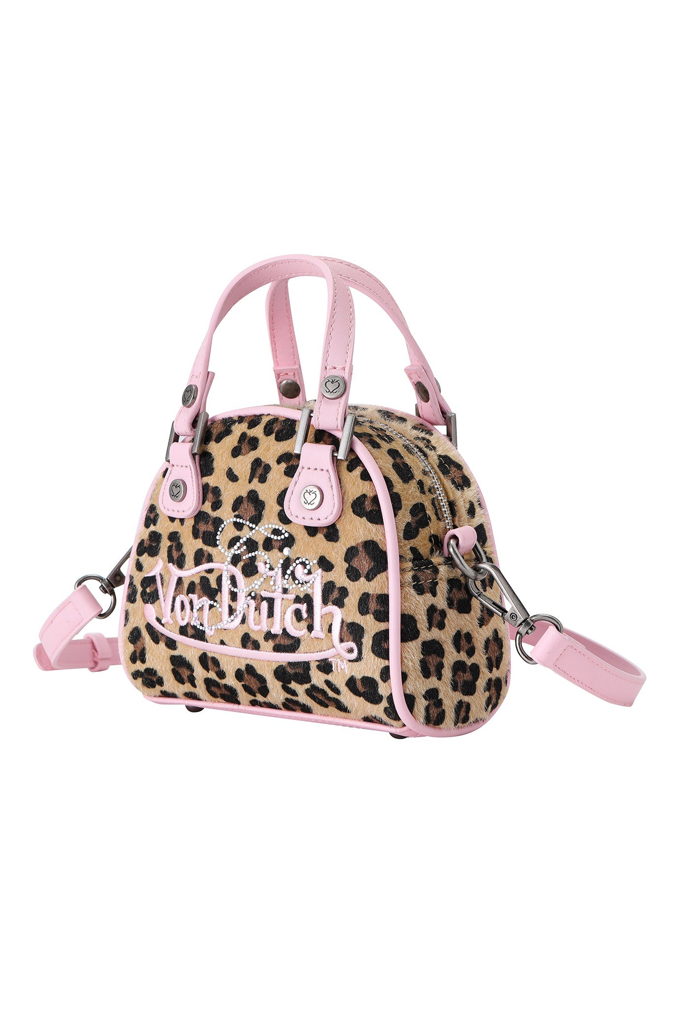 The I.AM.GIA X VON DUTCH MINI BOWLING BAG - LEOPARD features a leopard print with light pink leather trim, handles, and strap, plus a white embroidered "Von Dutch" logo on the front—a bold must-have from I.AM.GIA.