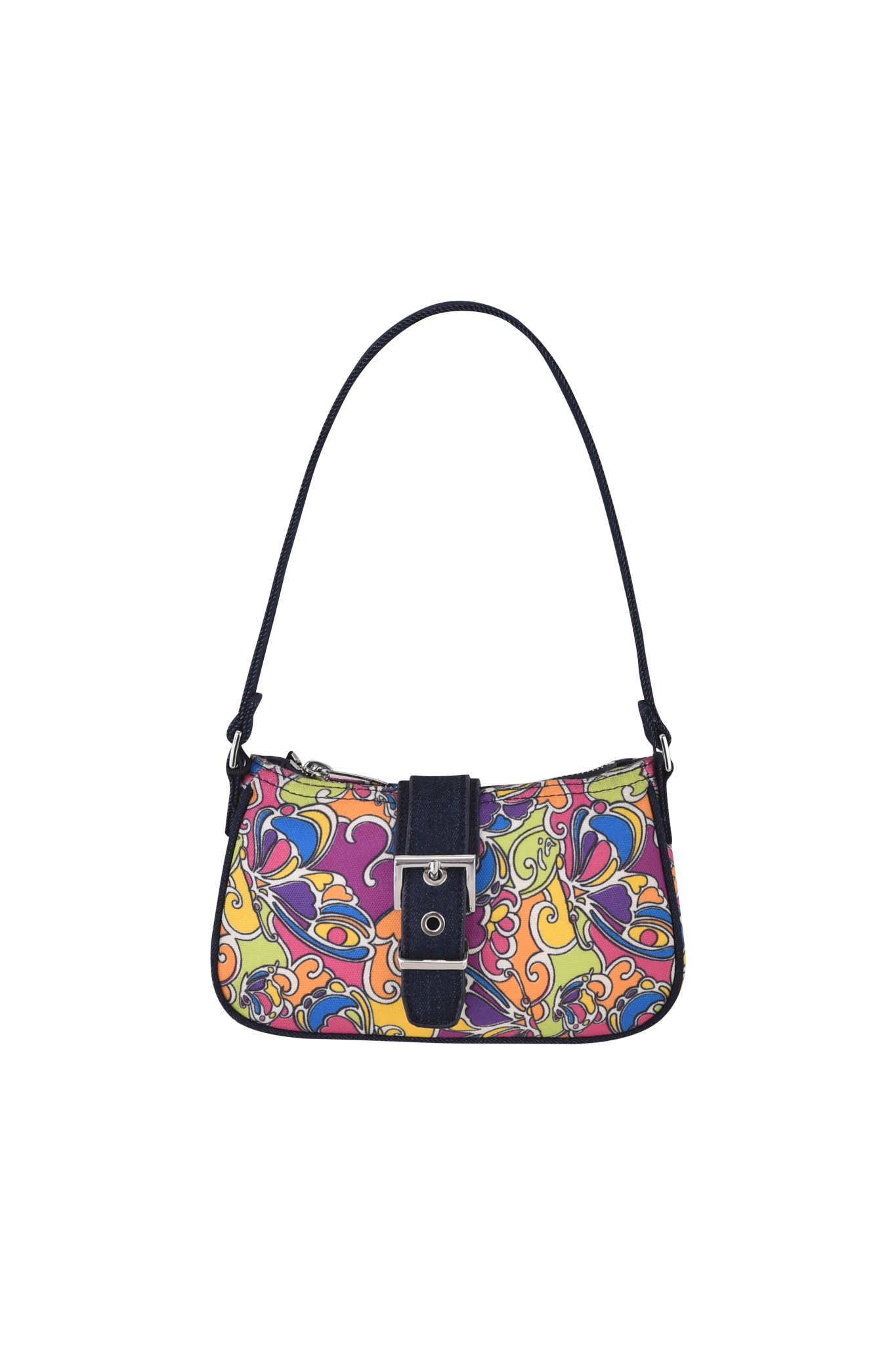 The I.AM.GIA LILLIA BAG - TROPICAL BUTTERFLY BLOOM features a vibrant swirling floral print in yellow, purple, pink, and orange, finished with a dark strap and front buckle closure.