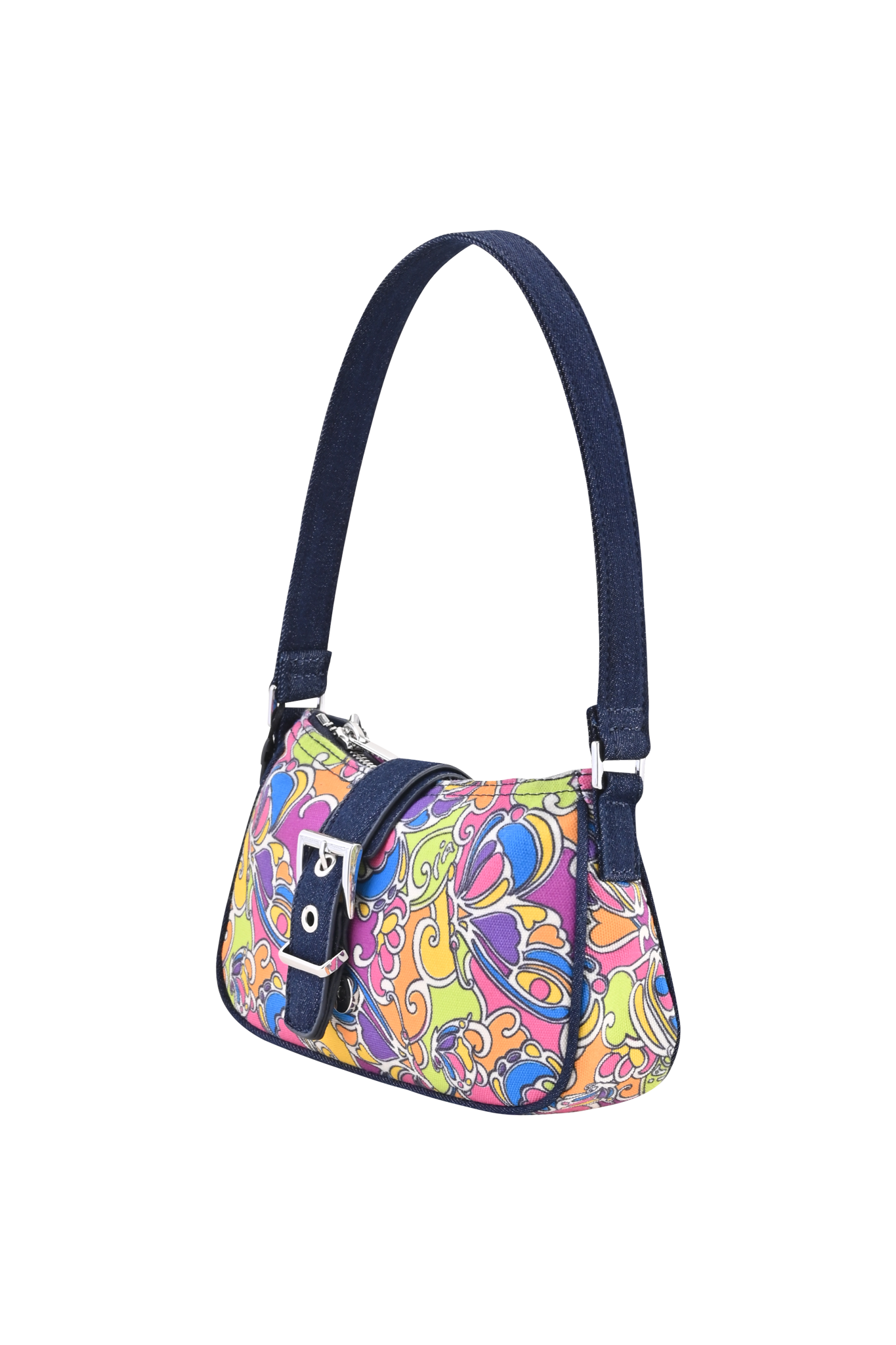 The I.AM.GIA LILLIA BAG - TROPICAL BUTTERFLY BLOOM is a small handbag with a dark blue strap and buckle, showcasing a vibrant psychedelic pattern in pink, yellow, orange, and blue tones reminiscent of tropical butterfly wings.