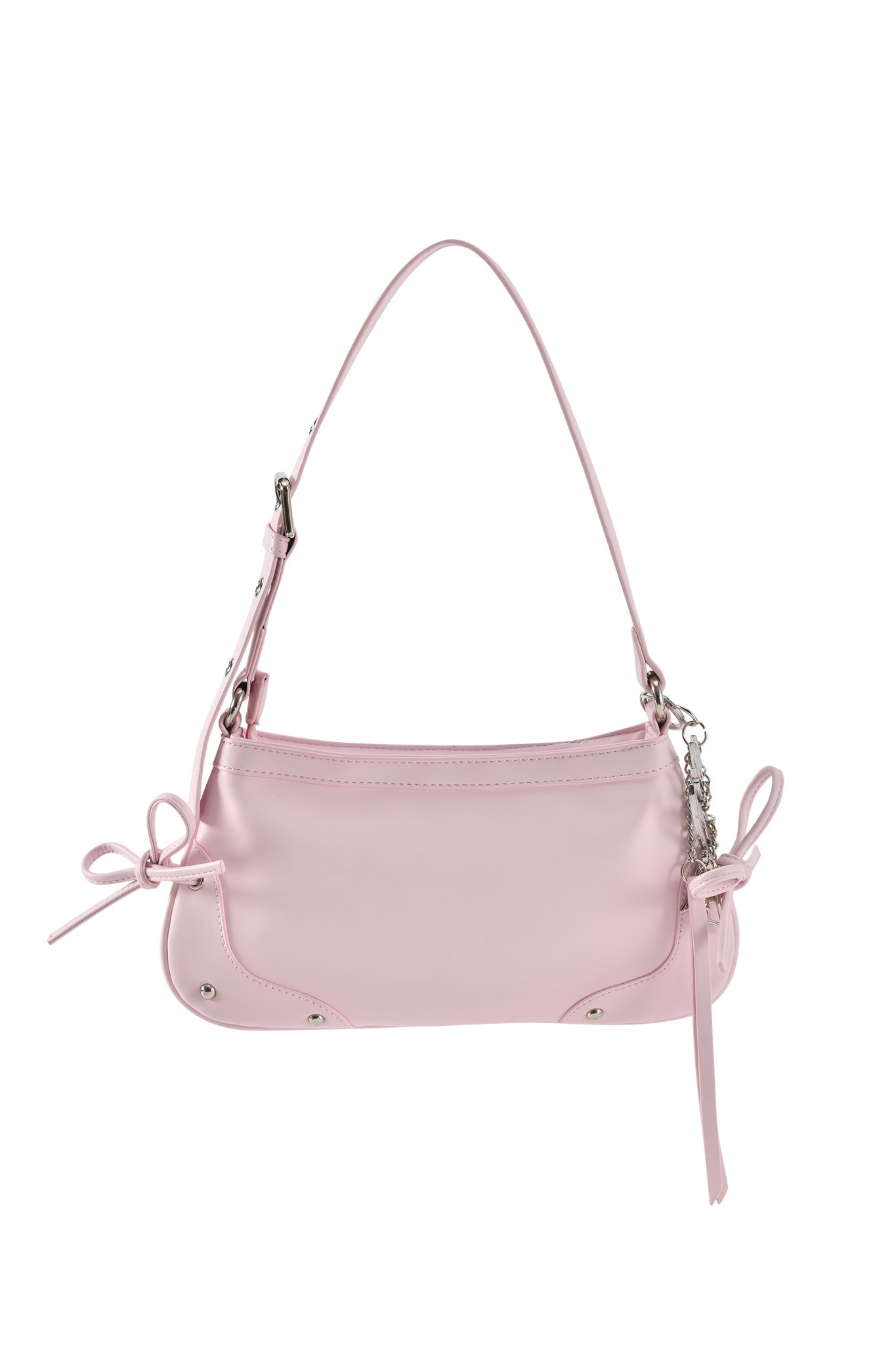 Sleek and minimalistic, the I.AM.GIA HAYLEY BAG - BABY PINK features faux leather, silver hardware, adjustable strap, side bows, and a small hanging charm for playful flair.