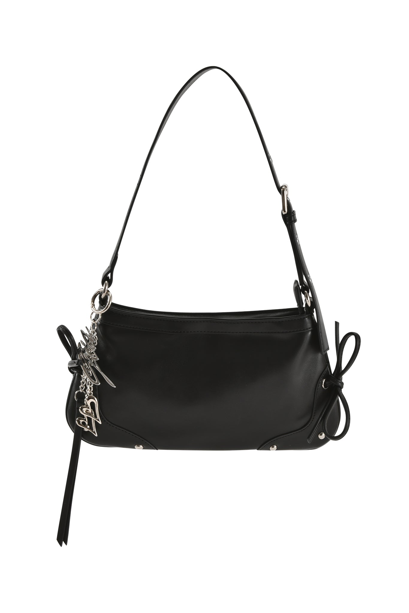 The HAYLEY BAG - BLACK by I.AM.GIA is a black faux leather shoulder purse with an adjustable strap, silver hardware, side bows, and metallic charms.