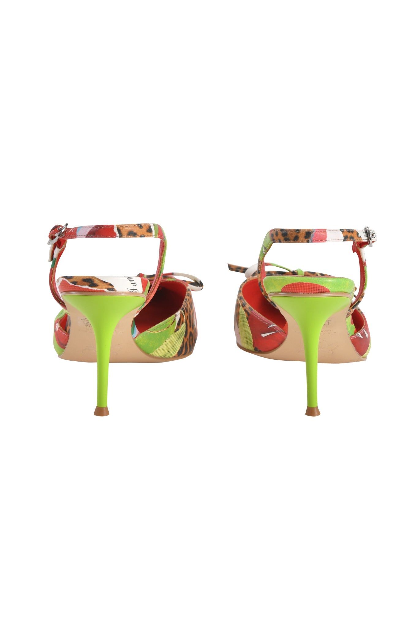 The NOORI MULE - WILD CHERRY by I.AM.GIA features neon green high heels, a pointed toe, multicolored animal print straps, and red and green soles, shown from the back.