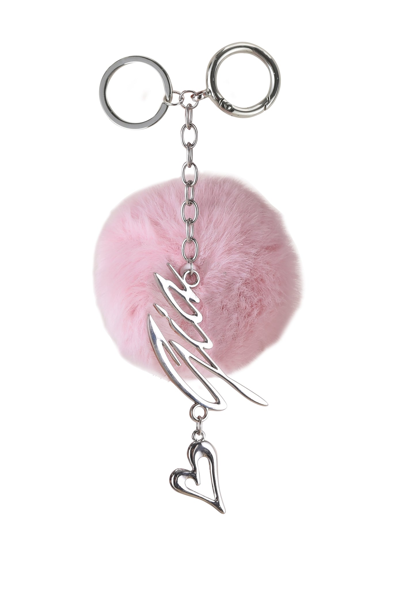 The LARSA KEY CHAIN - PINK by I.AM.GIA is a fluffy faux fur accessory in baby pink, featuring a sleek silver chain attached to two round keyrings. The chain is elegantly detailed with cursive lettering and a dangling heart charm, bringing a touch of charm to your keys.