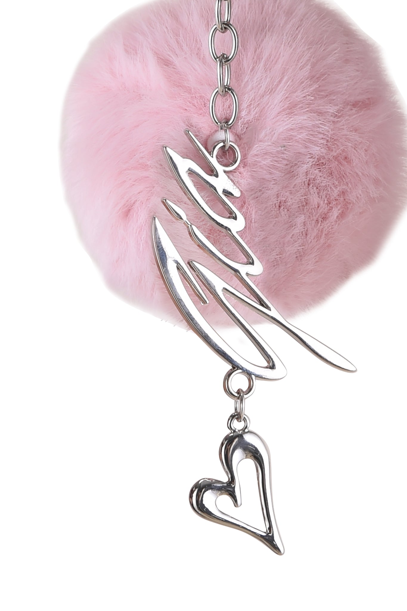 Introducing the LARSA KEY CHAIN in Baby Pink by I.AM.GIA, featuring a faux fur charm adorned with a silver script and a dangling heart outline.
