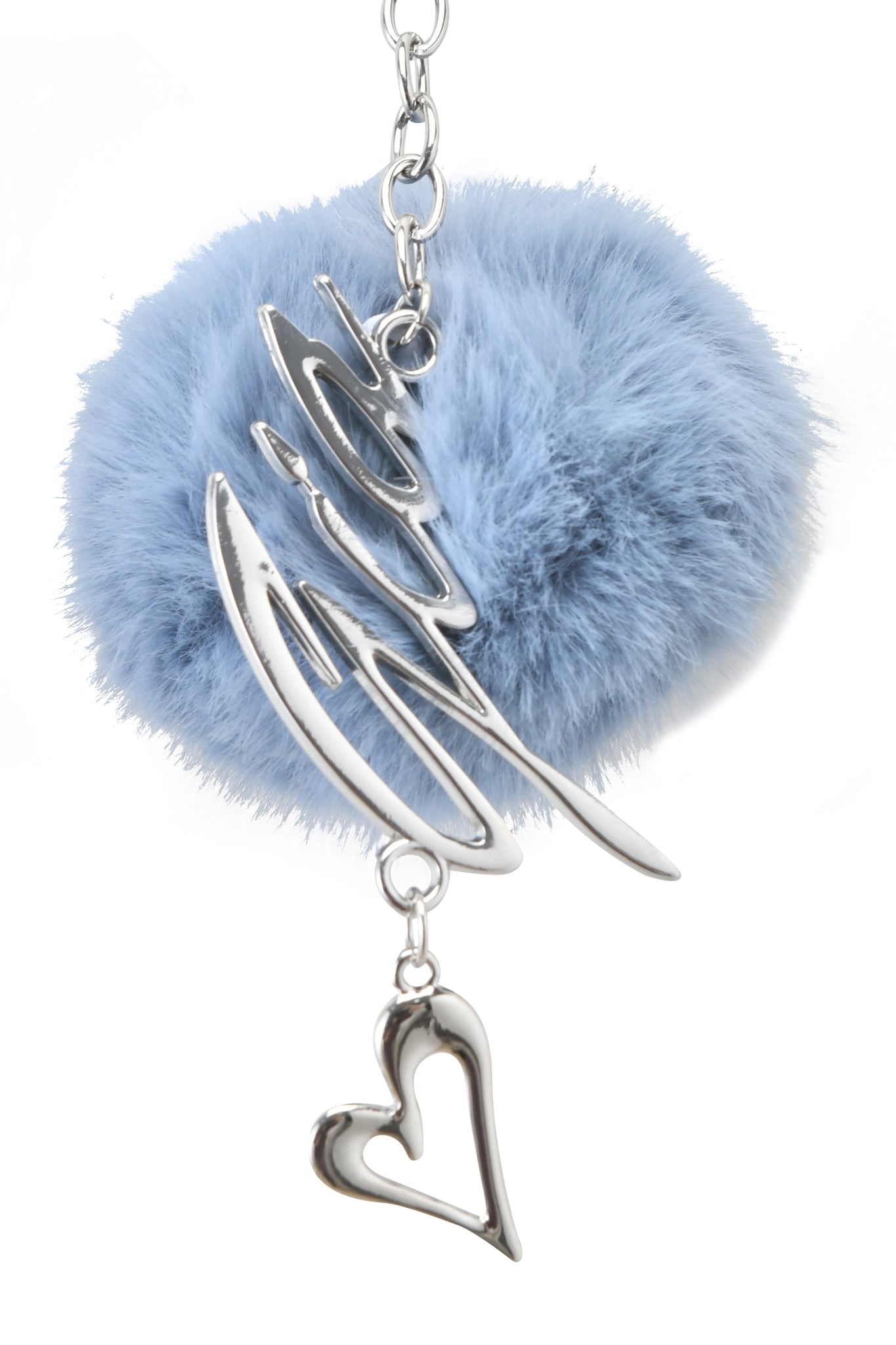 The LARSA KEYCHAIN - BLUE by I.AM.GIA features a fluffy blue pom-pom, metallic heart pendant, and silver script charm on a stylish silver chain keychain.