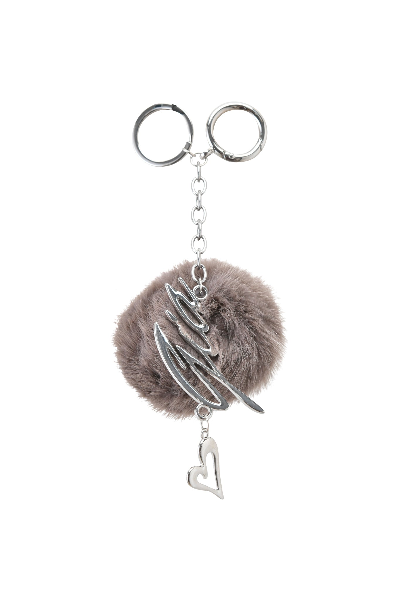 The LARSA KEYCHAIN - MOCHA by I.AM.GIA features a fluffy mocha pom-pom, silver metal accents, a wavy word charm, a dangling heart, and comes attached to a silver keyring and chain.