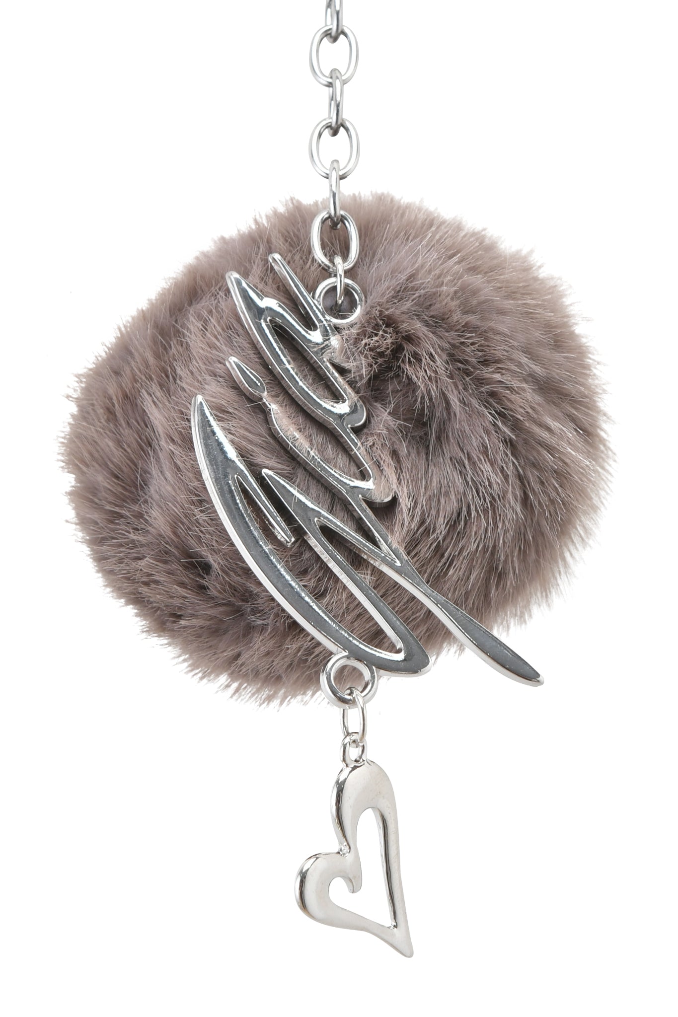 The I.AM.GIA LARSA KEYCHAIN - MOCHA is a mocha faux fur pom-pom keychain with a silver "love" charm and a hanging silver heart.