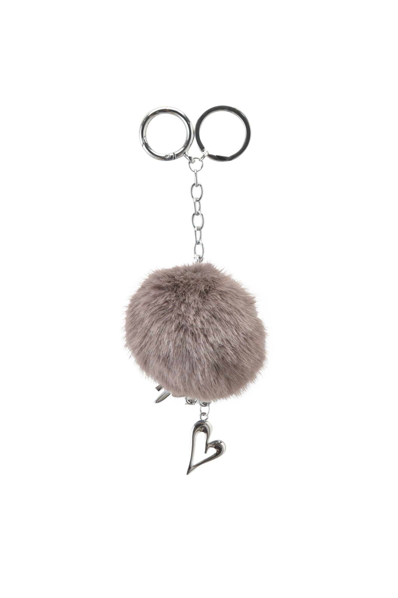 The LARSA KEYCHAIN - MOCHA by I.AM.GIA features a large fluffy mocha pom-pom with two silver heart charms on a short silver chain and double metal rings.
