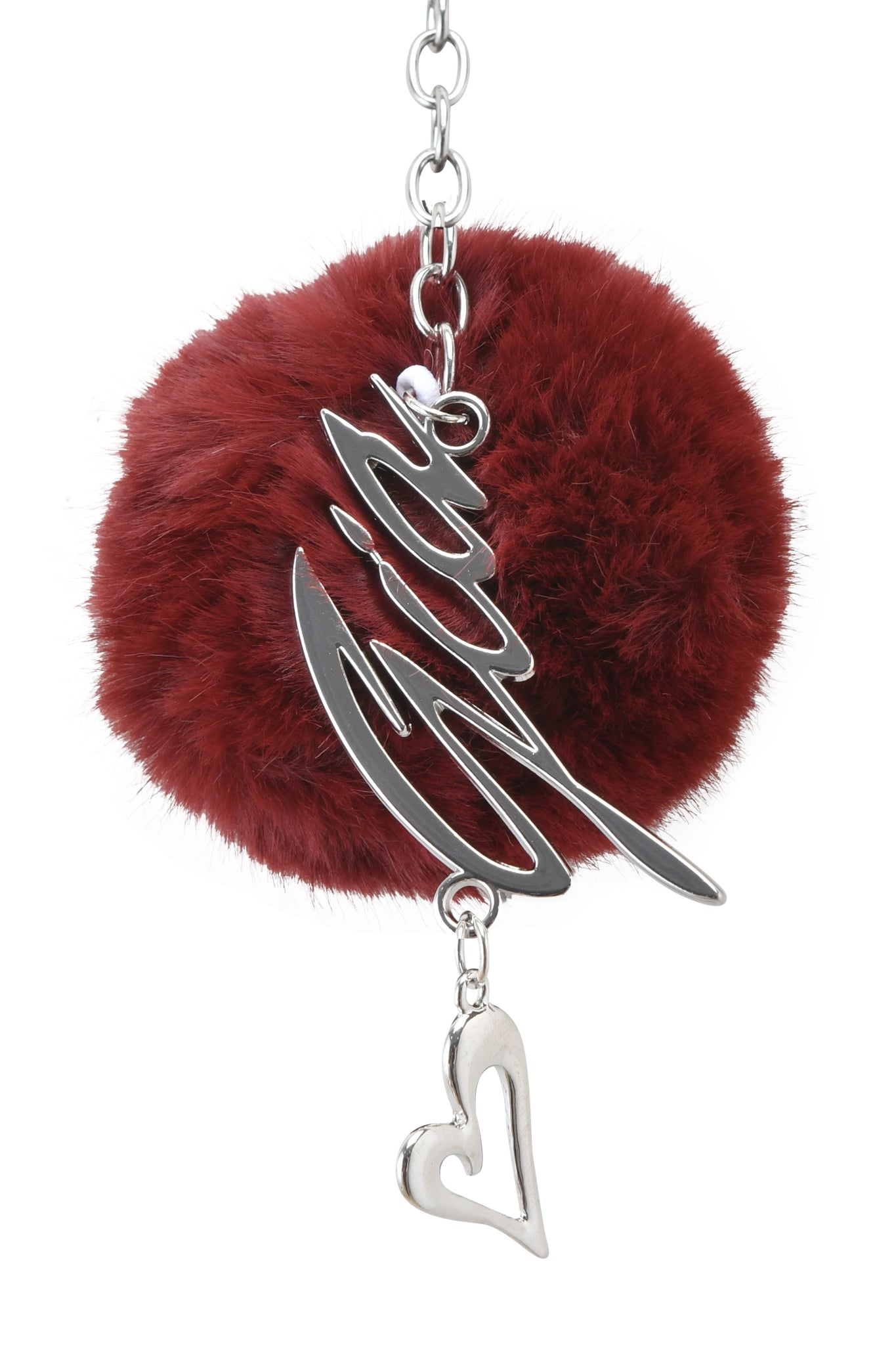 The LARSA KEYCHAIN - RED by I.AM.GIA features a burgundy faux fur pom-pom, silver script and heart charms, all on a metal chain with GIA logo hardware.