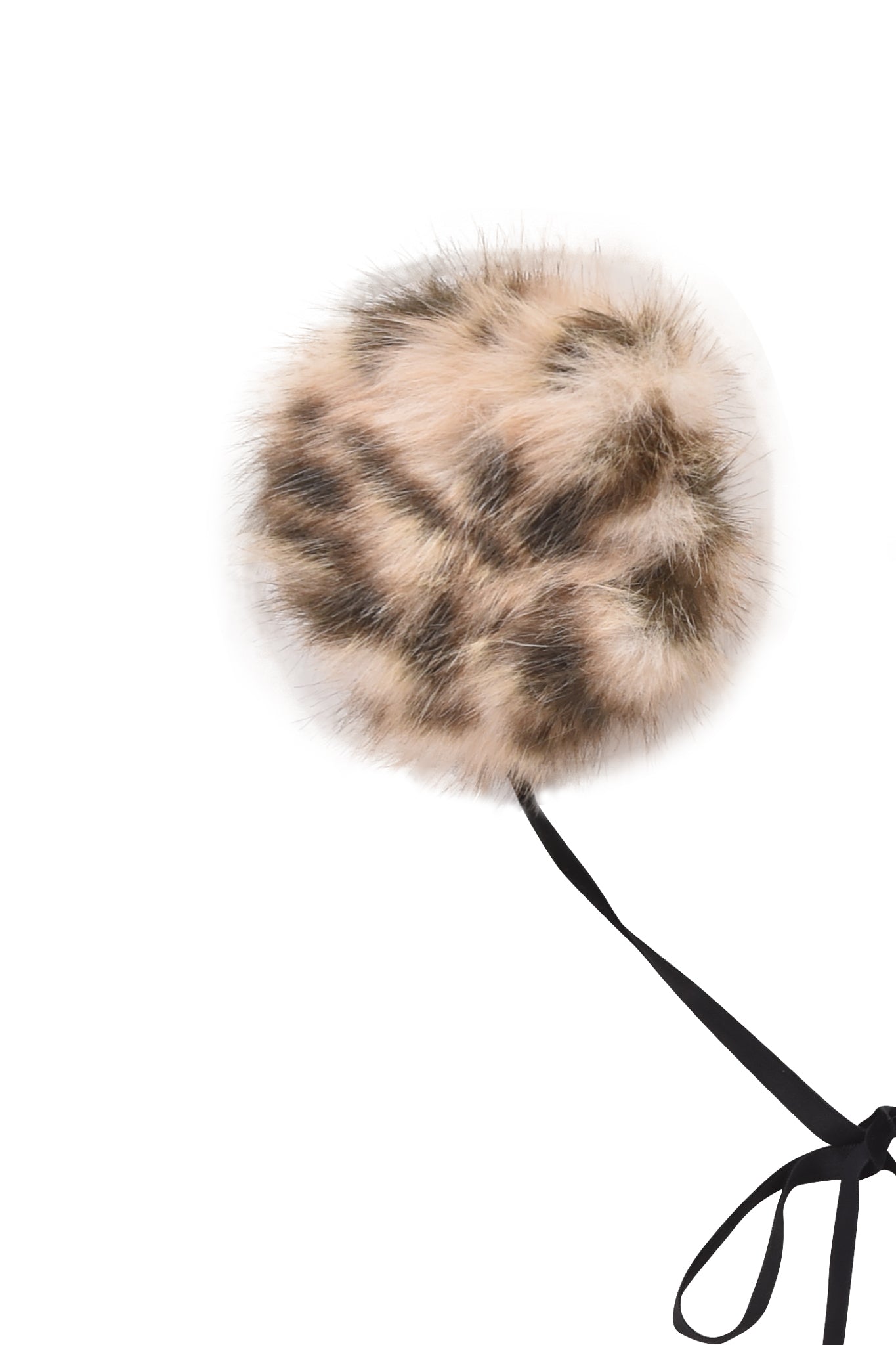 The FAWN HEADPHONE COVERS - LEOPARD by I.AM.GIA feature a round, fluffy pom-pom with light brown and black spots on a black ribbon with a bow, displayed against a white background.