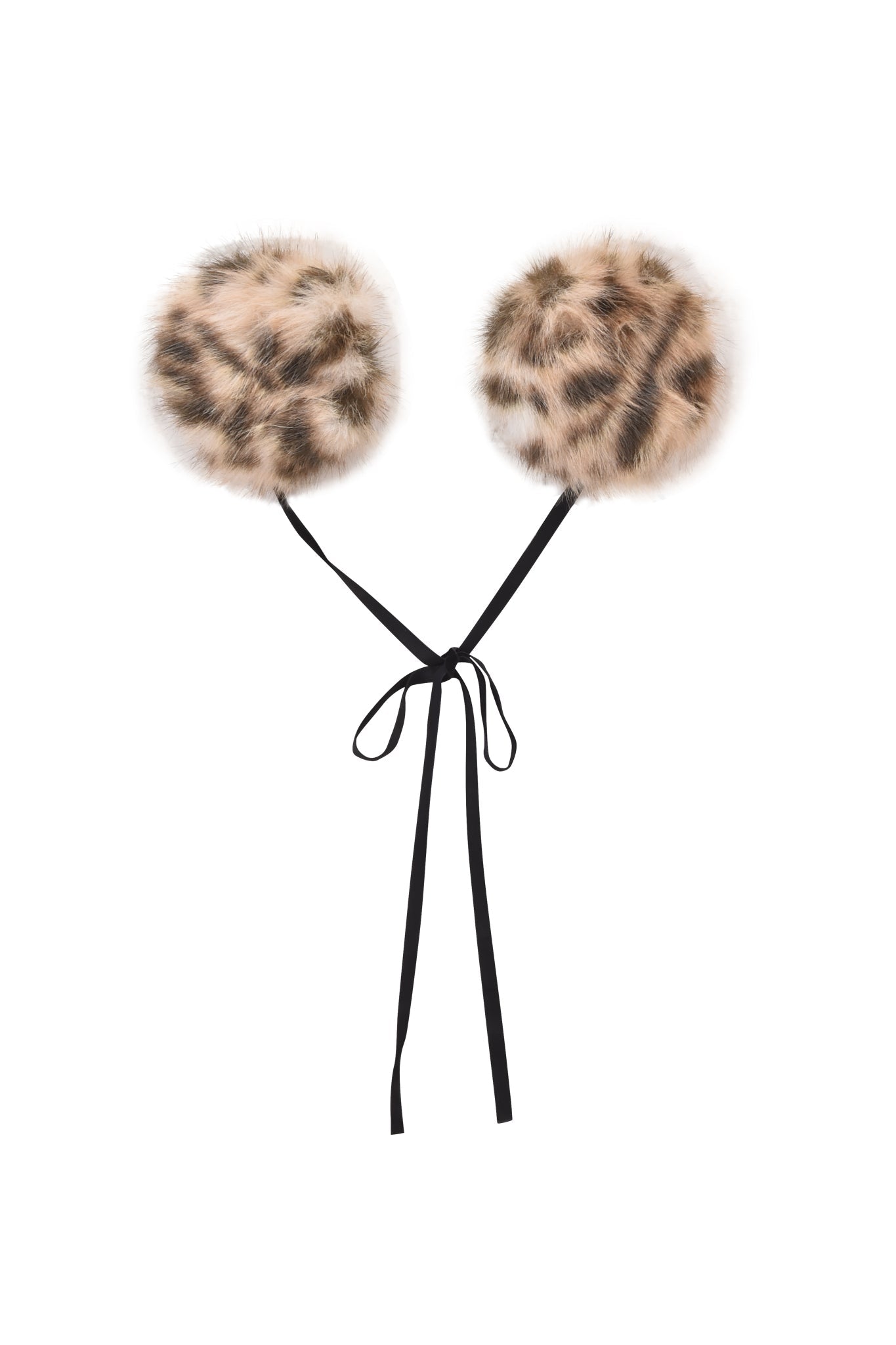 The I.AM.GIA FAWN HEADPHONE COVERS - LEOPARD feature two round, faux fur leopard-print pom-poms with black ribbon ties—stylish AirPod Max accessories shown against a white background.