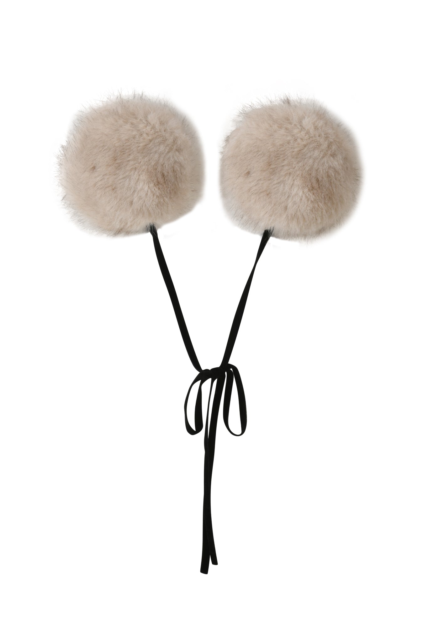 The I.AM.GIA FAWN HEADPHONE COVERS in Neutral Taupe feature soft faux fur and removable velvet ribbon ties, shown against a white background.