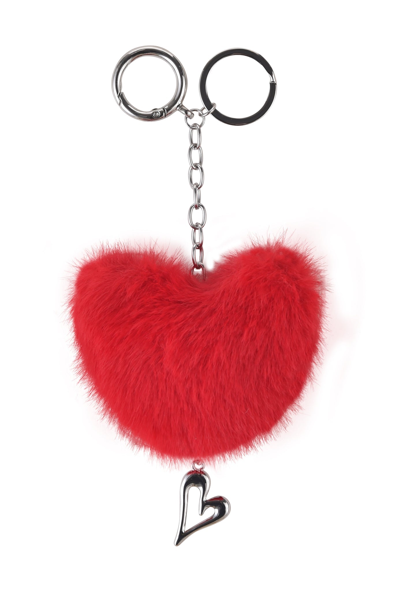 The I.AM.GIA VALENTINA KEYCHAIN - RED features a faux fur, heart-shaped accessory and a small metallic heart charm on a chain. It includes two metal rings for keys.