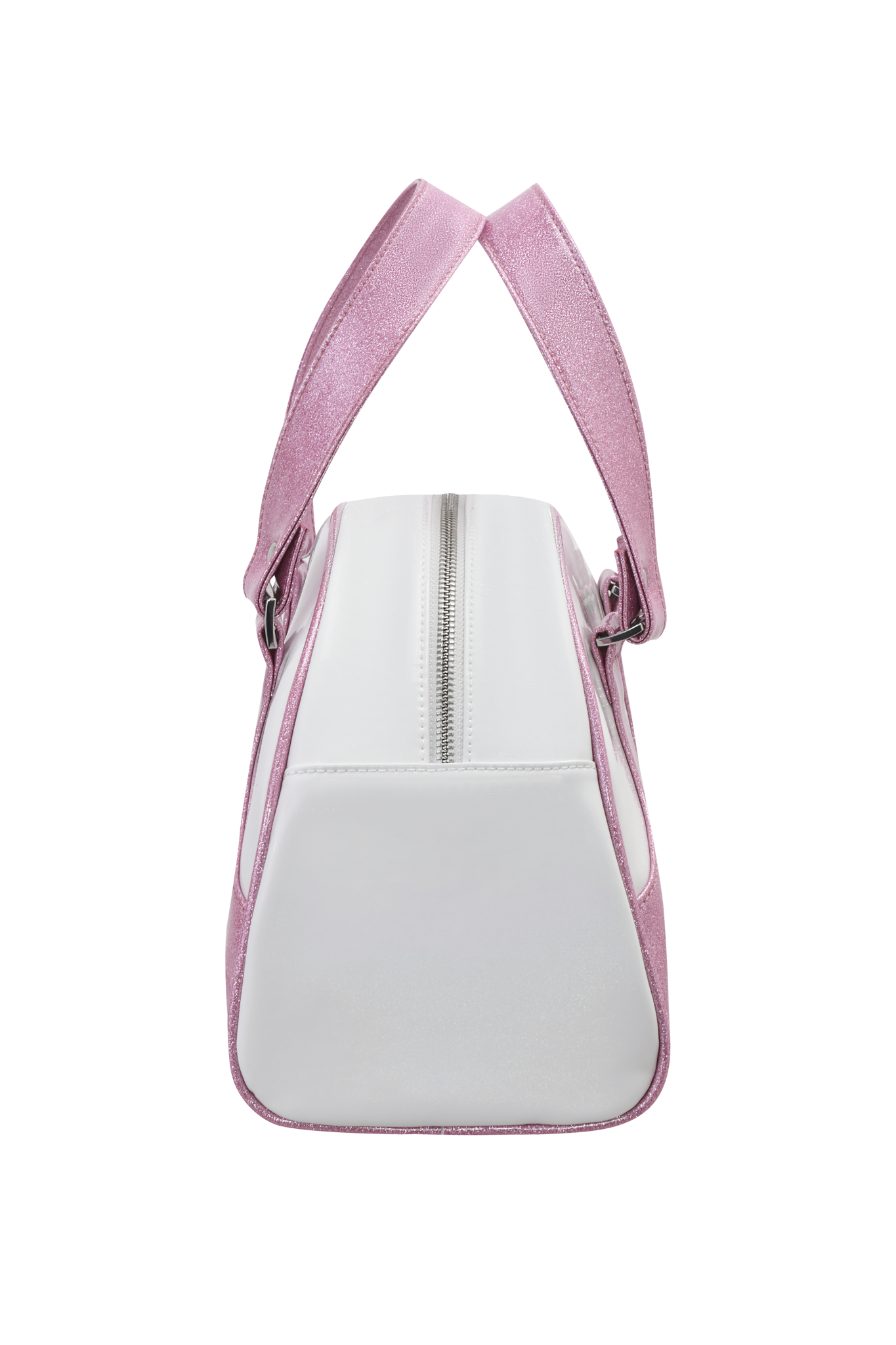 The FAFI BAG - PINK by I.AM.GIA is a sparkly vinyl bag with a white body, light pink zipper closure, and matching light pink straps and background.