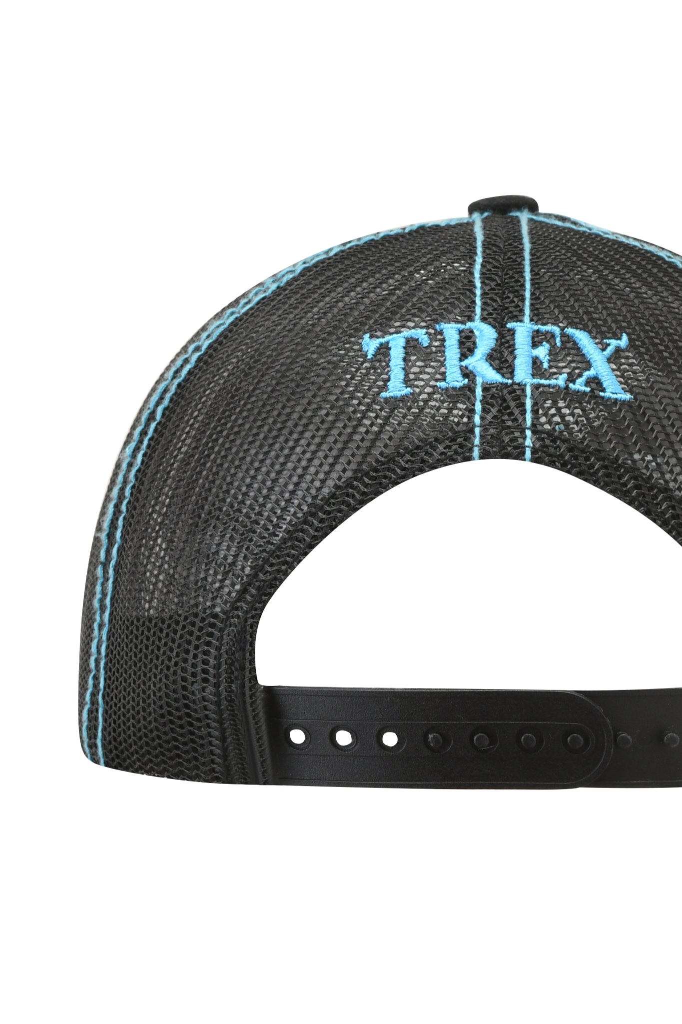 The back of the I.AM.GIA T-REX HAT - BLACK features blue stitching and “T-REX” embroidered in blue above the adjustable snap closure.