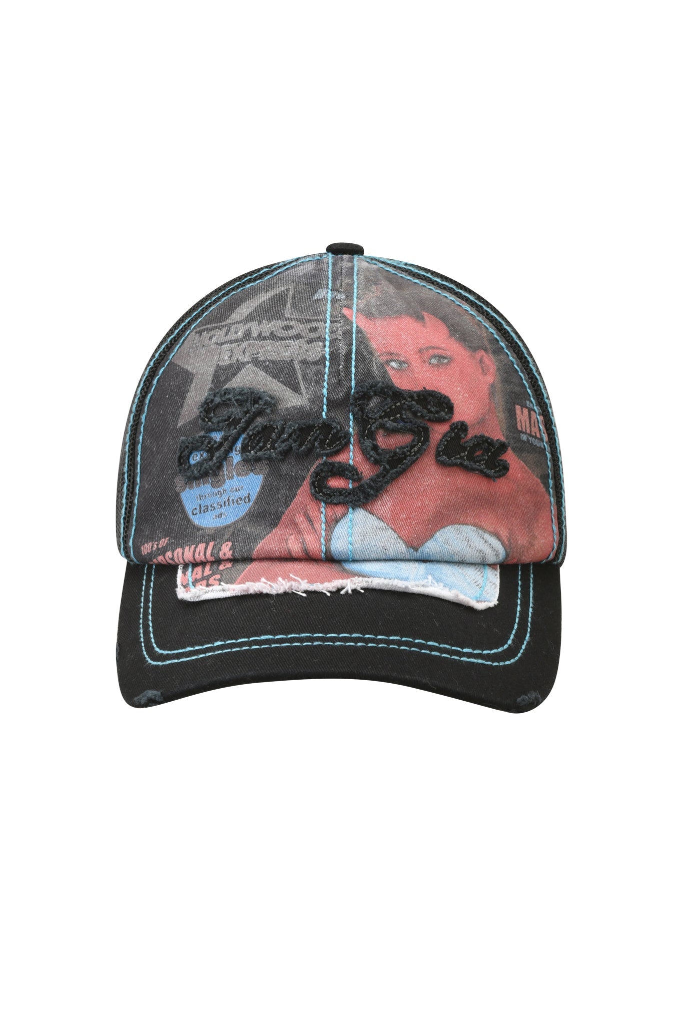 Introducing the T-REX HAT - BLACK by I.AM.GIA: a distressed black trucker hat with striking blue stitching, featuring a printed image of a woman on both the front and brim, and cursive embroidered text across the front panel. Part of I.AM.GIA’s exclusive hat collection, this standout accessory fuses bold, edgy style with unique statement details.