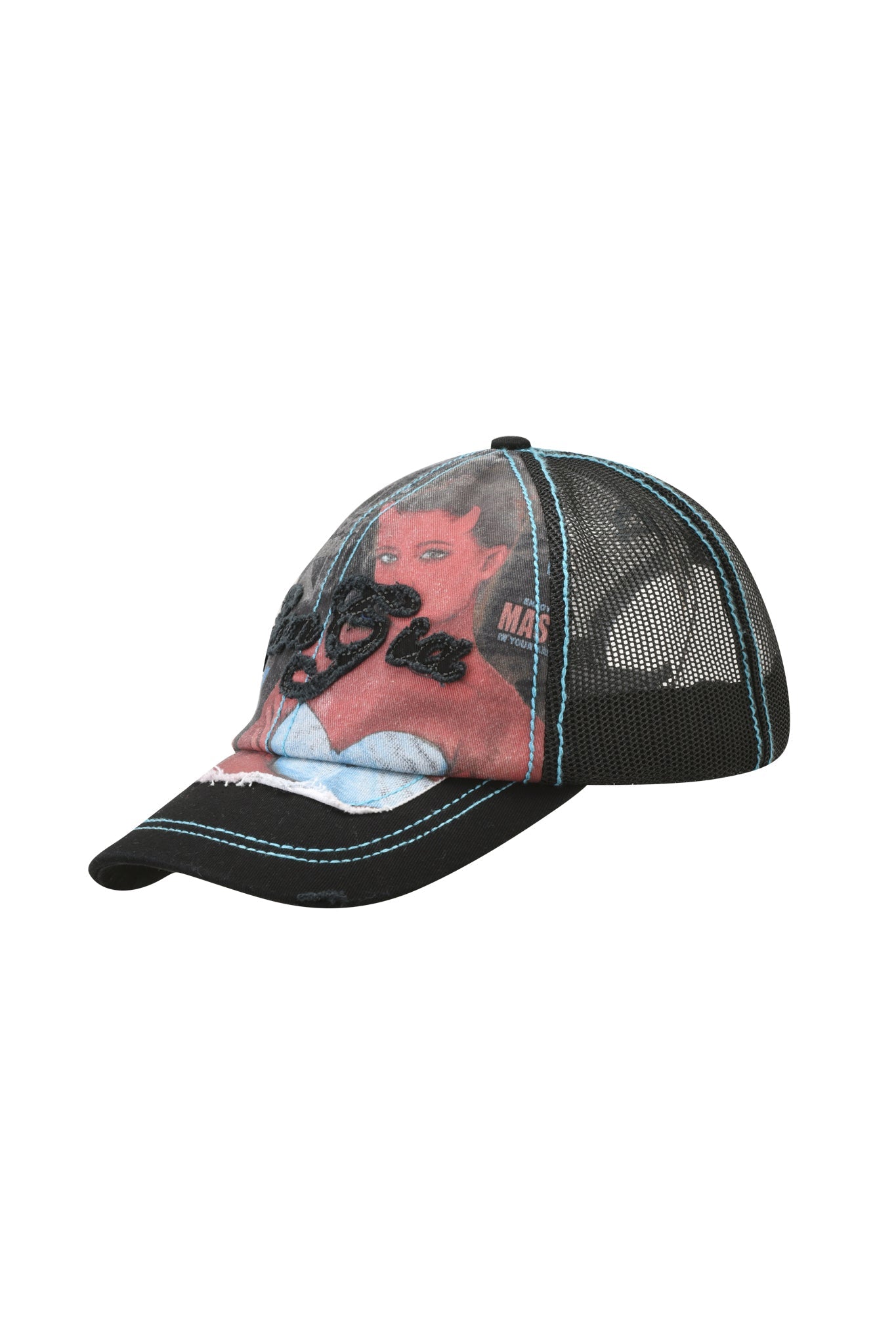 The I.AM.GIA T-REX HAT - BLACK is a distressed black mesh trucker cap with blue stitching, featuring exclusive I.AM.GIA artwork of a woman in a red dress and white gloves on the front panel. It includes an adjustable snap closure for a comfortable fit.