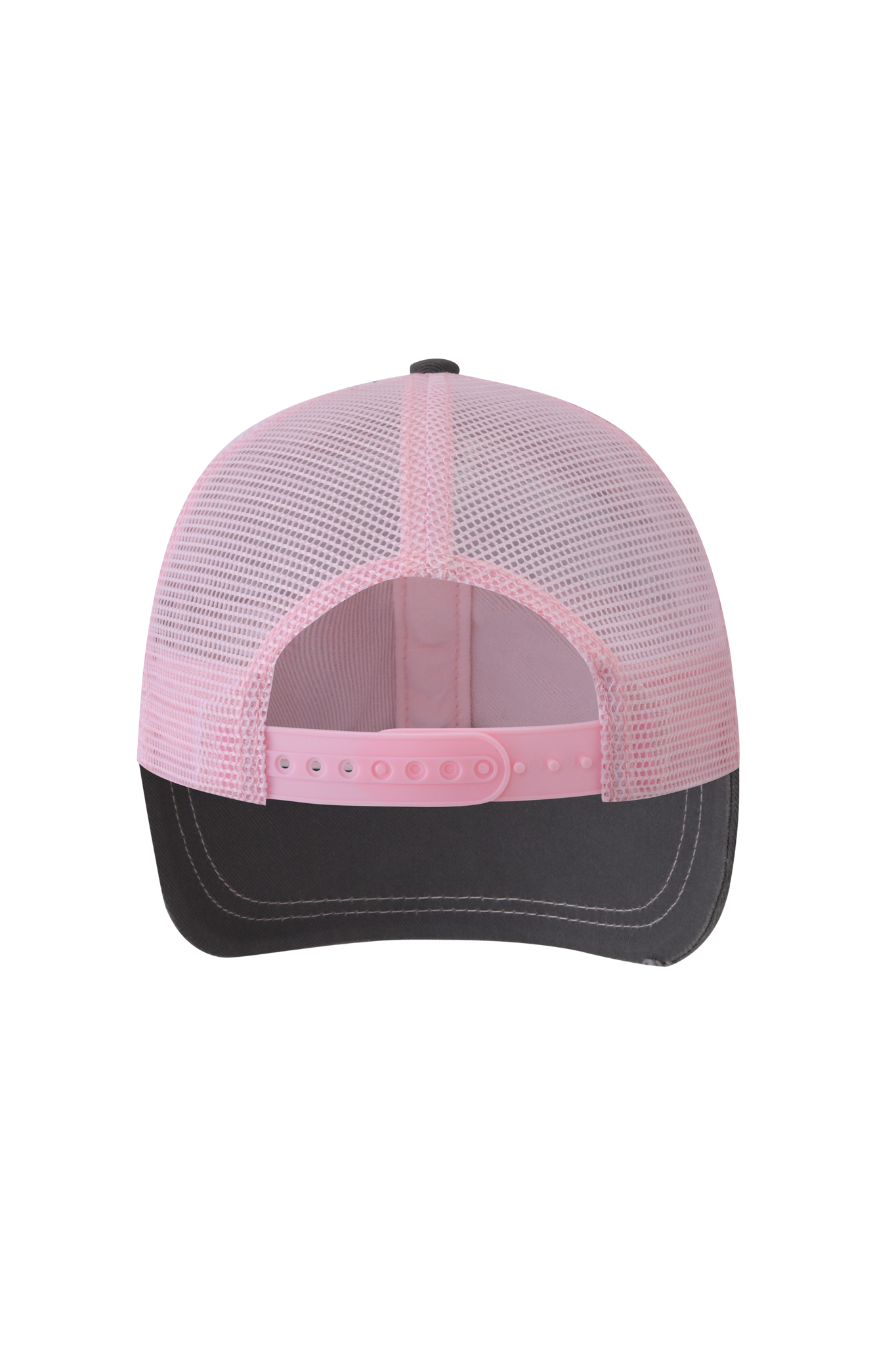 The SHILOH HAT - GREY/BABY PINK by I.AM.GIA is a distressed mesh trucker hat with a black brim, shown from the back, and features a baby pink adjustable snap closure for comfort.