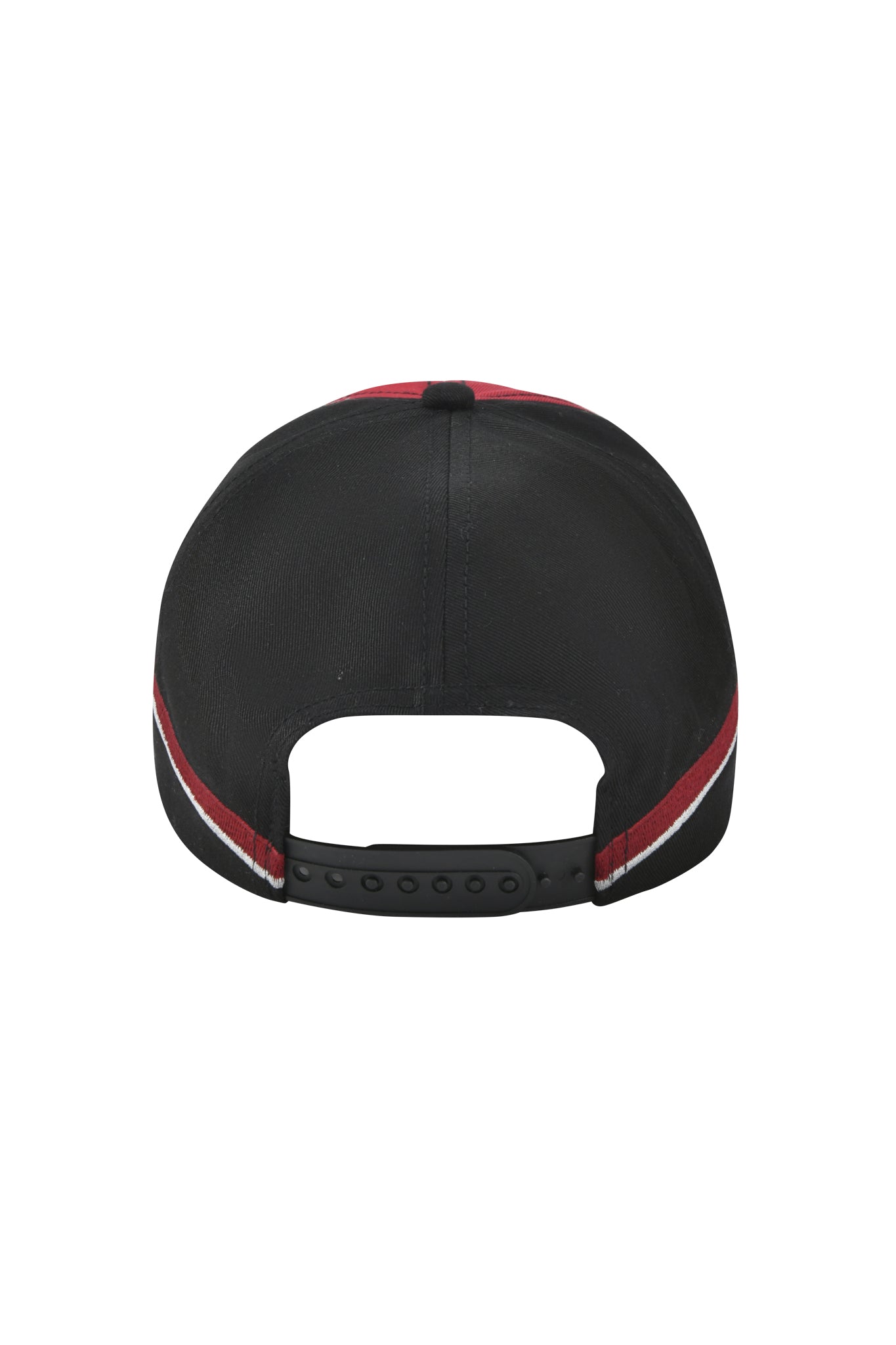 The image shows the back view of the SERENA HAT - RED by I.AM.GIA, a twill paneled racing cap with black, red, and white stripes along each side and an adjustable snapback closure.