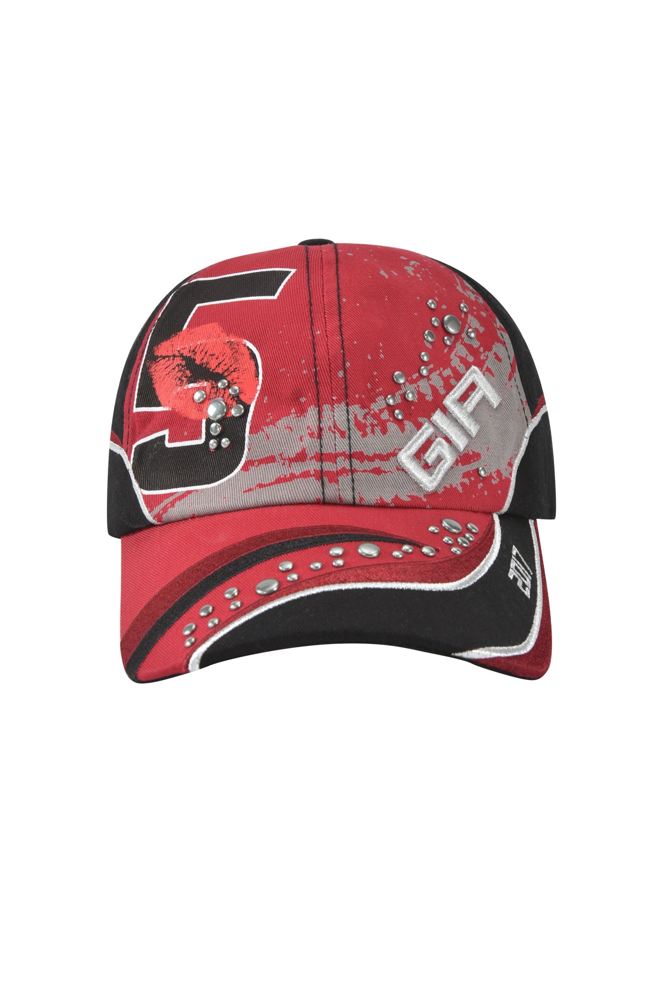 The SERENA HAT - RED by I.AM.GIA is a racing-inspired cap in red and black twill with a bold "5" on the left, "G9" in silver on the right, abstract patterns, silver studs, and an adjustable strap back for a custom fit.