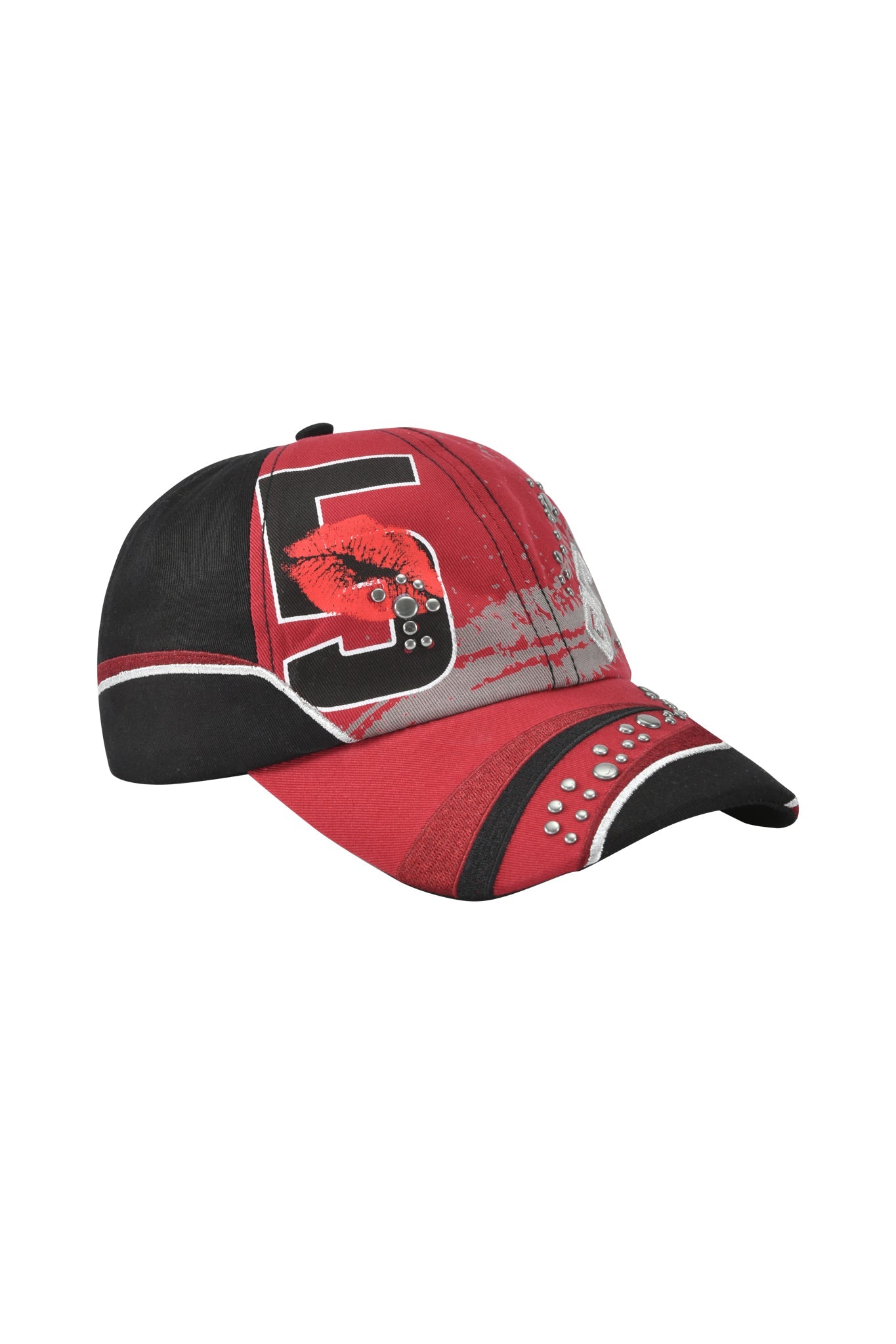 The SERENA HAT - RED by I.AM.GIA is a twill panelled cap in red and black, featuring a bold white 5, silver lines, a red feather detail, and silver studs on the brim—perfect for standout style.