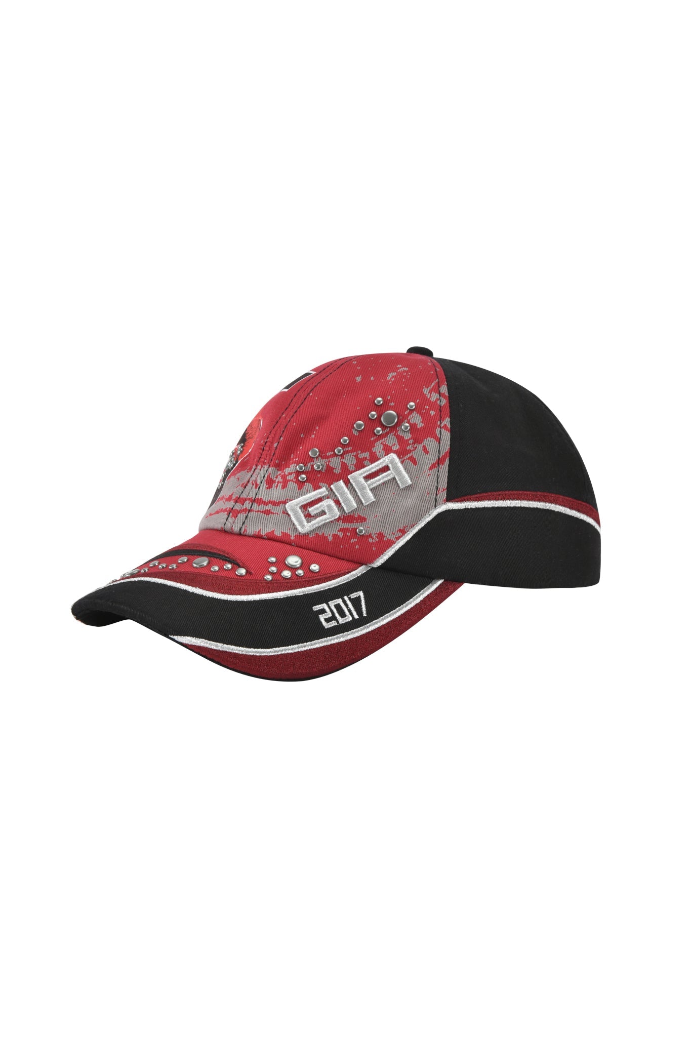 The SERENA HAT - RED by I.AM.GIA features red, black, and gray twill panels with a splatter design, metallic accents, "GIFA" text on the front, and "2017" on the curved brim.