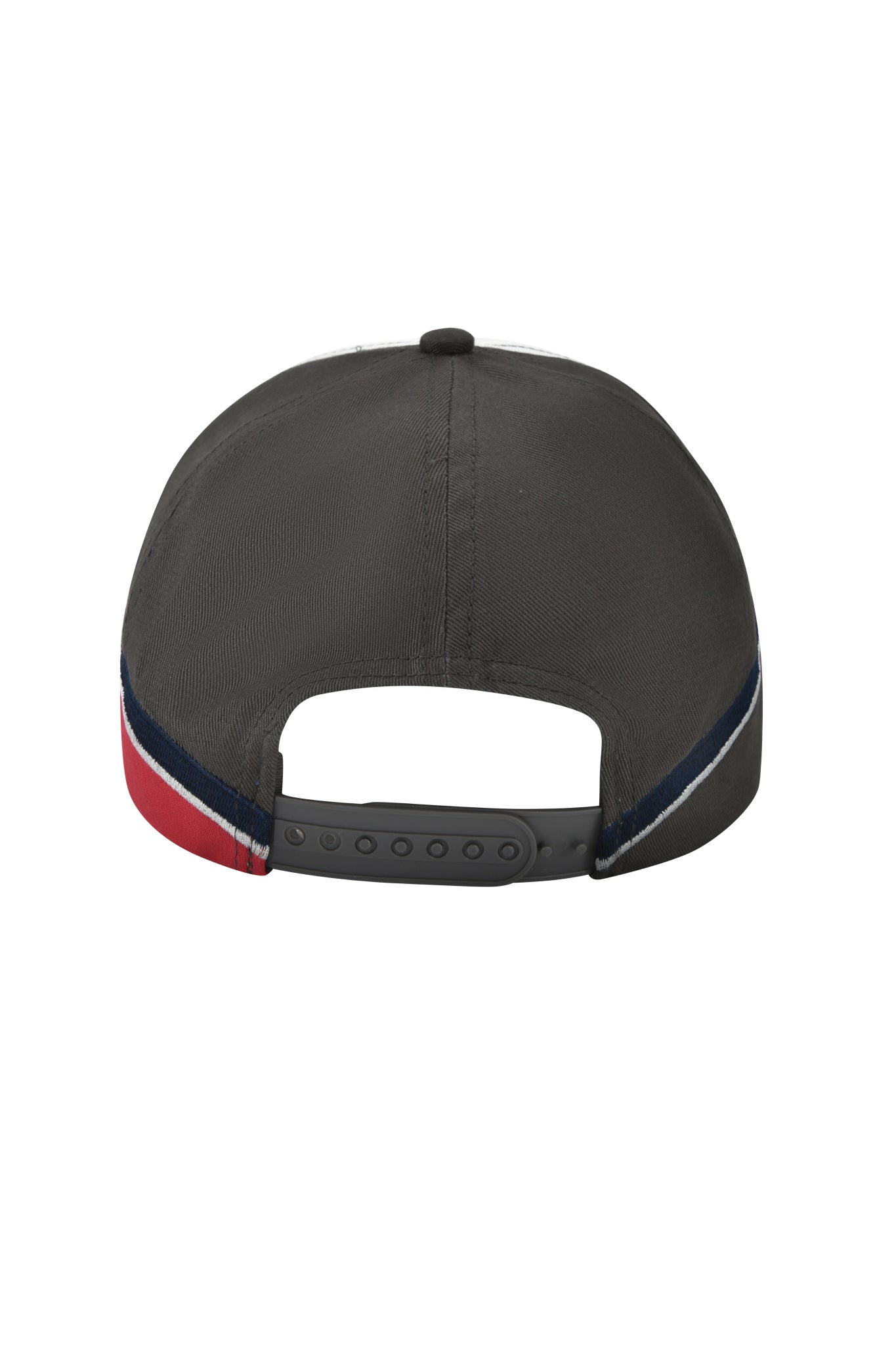 The I.AM.GIA SERENA HAT - WHITE is a white twill panel cap viewed from the back, featuring an adjustable strap back and bold red, white, and blue stripes along the lower edge for a stylish racing-inspired look.
