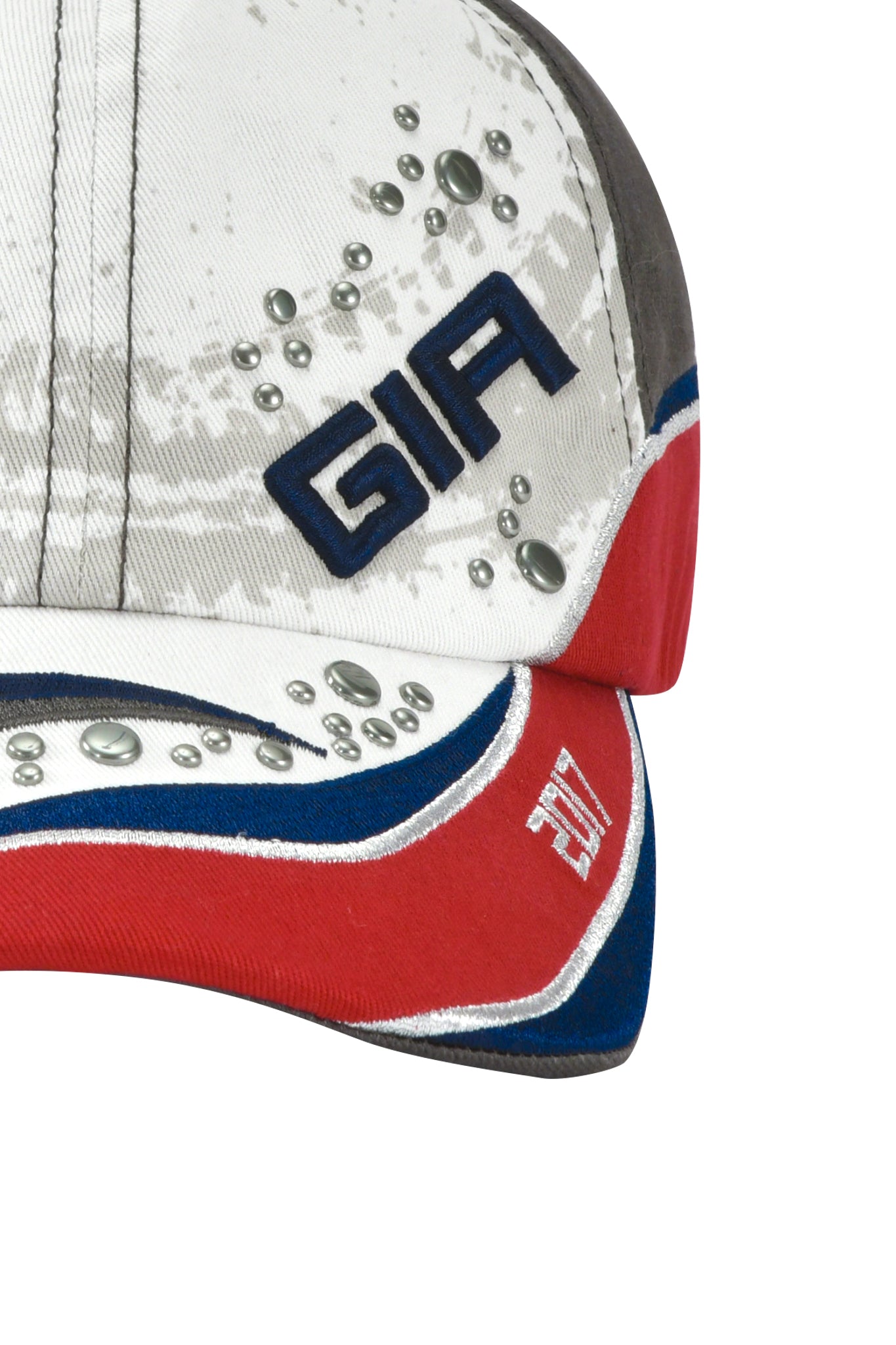 Two baseball caps are stacked: on top is the I.AM.GIA SERENA HAT in white with “GIA” in blue and water droplets; below is a red racing cap with an adjustable strap, blue and white stripes, and “EA7” in white.
