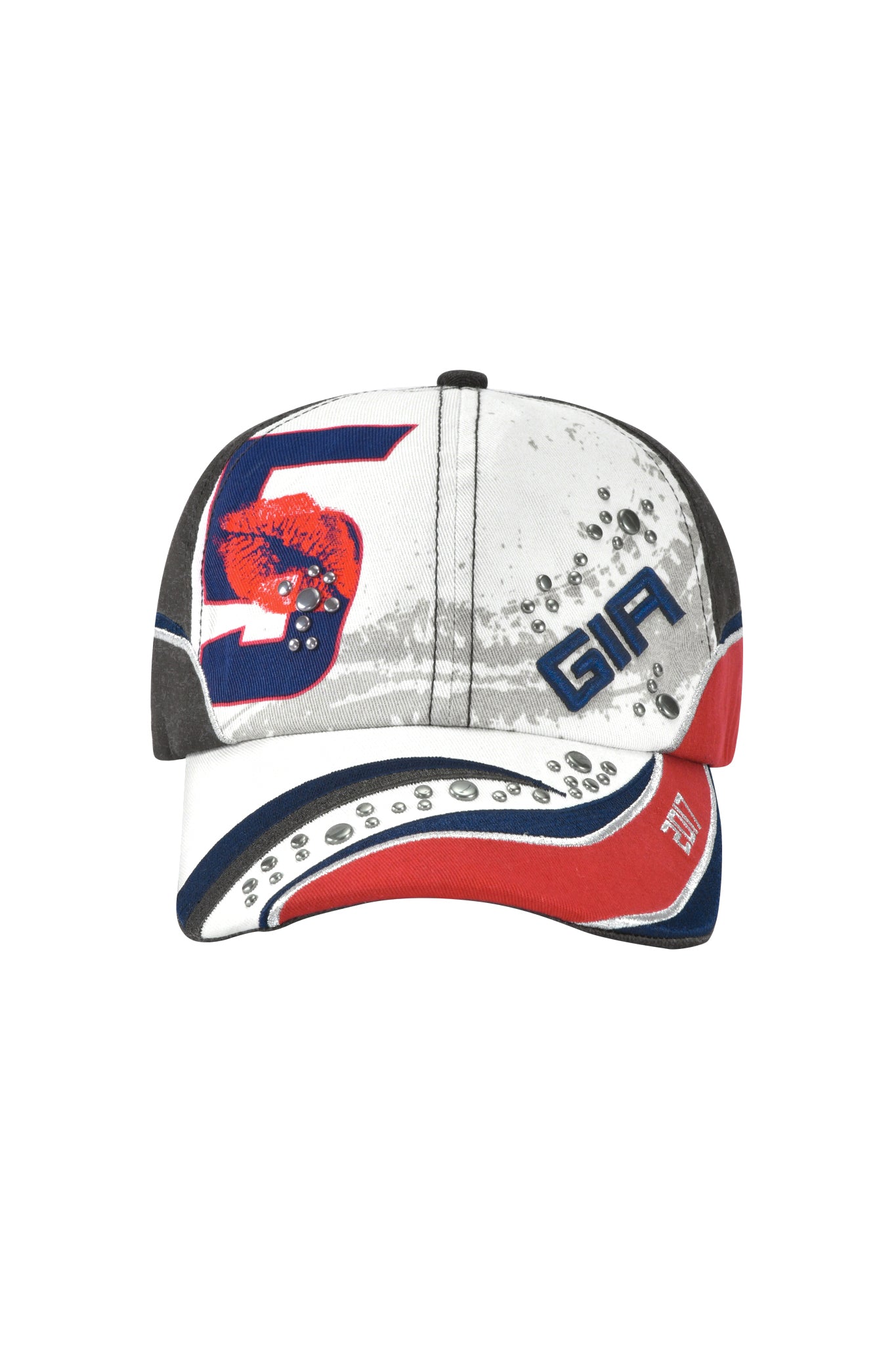 The SERENA HAT - WHITE by I.AM.GIA is a white, red, and navy twill panel cap with silver studs, a bold red and blue number 5 featuring a tiger on the front, "GIA" embroidered in blue, and an adjustable strap back.