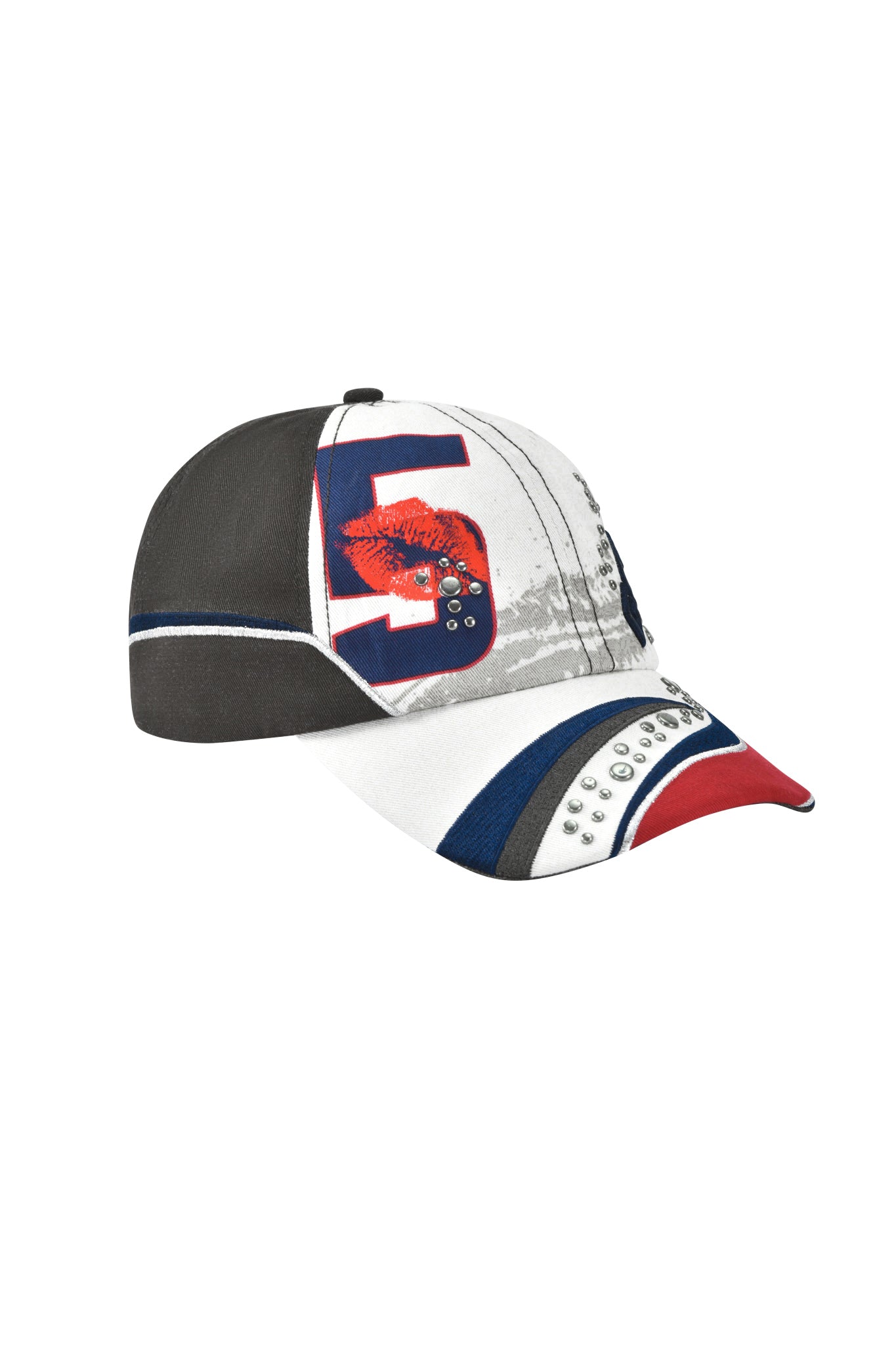 The I.AM.GIA SERENA HAT - WHITE is a twill racing cap with black, white, and red colors, a bold number "5", red lip print, rhinestone details, blue-striped brim, and an adjustable strap back for a custom fit.