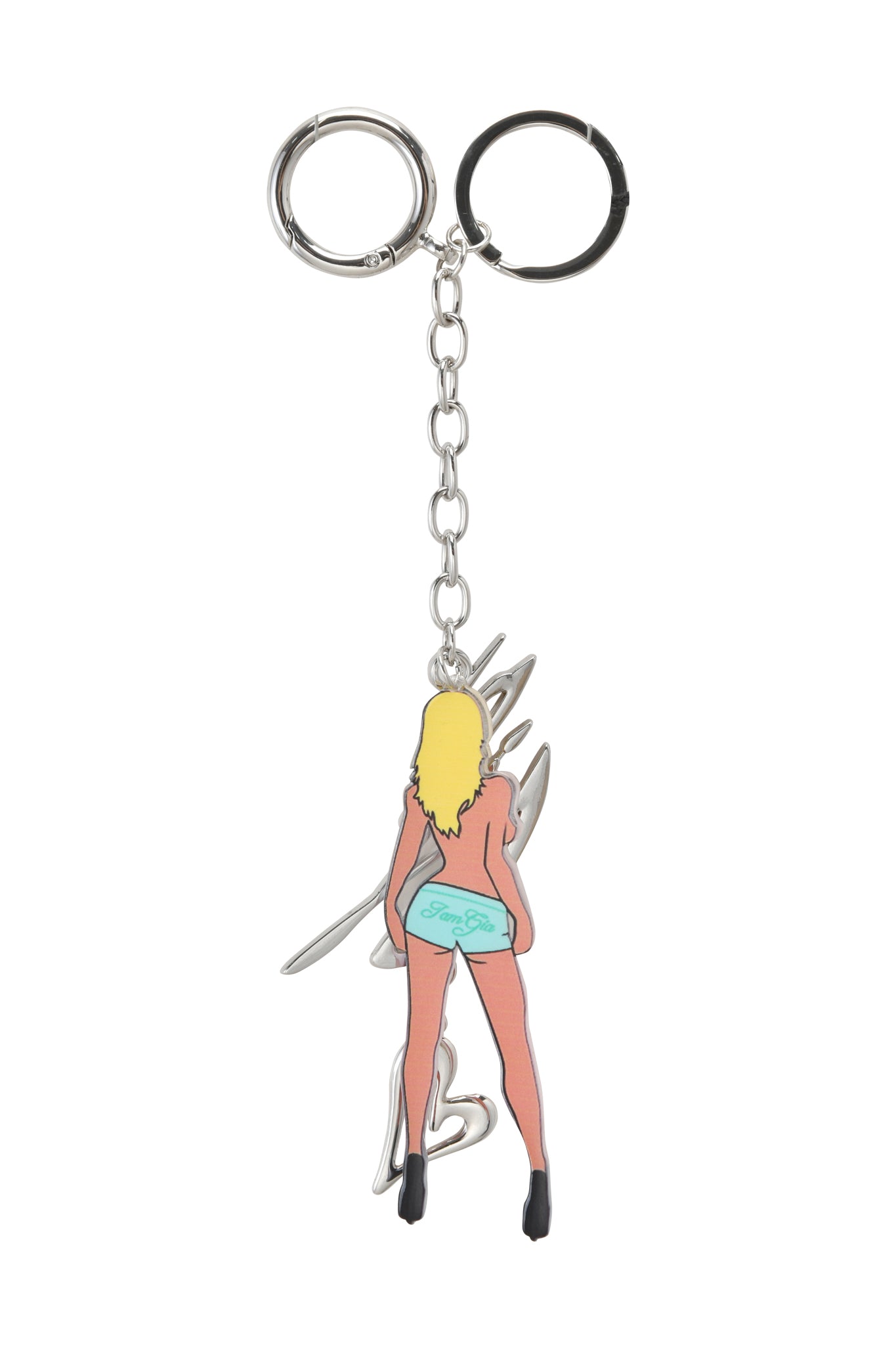 The BLARE KEYCHAIN - BLONDE by I.AM.GIA features a cartoon blonde woman in teal shorts and black heels, attached to a chain with custom o-ring hardware and a silver GIA logo charm.
