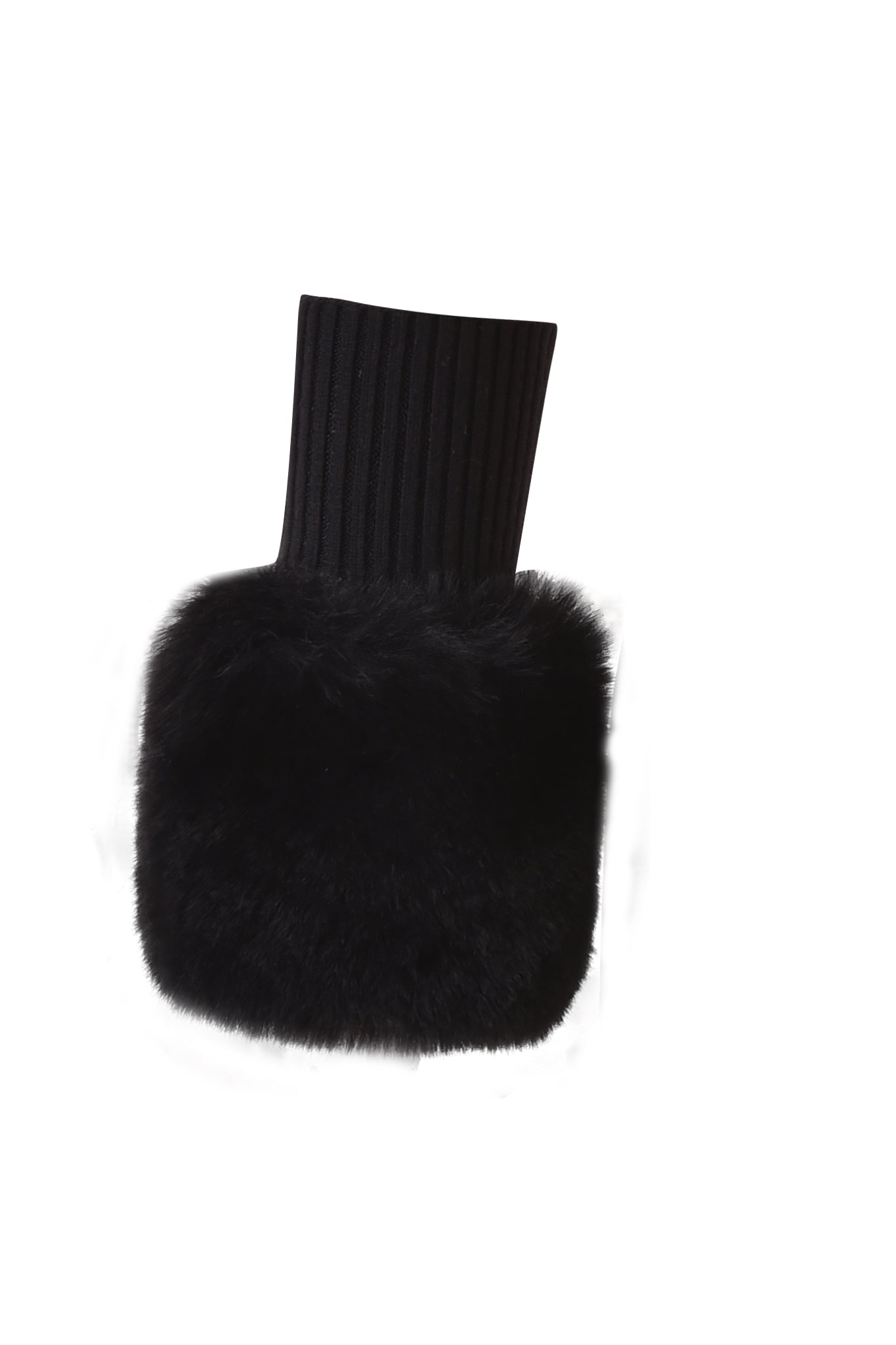 The DENALI FUR RIB CUFF - BLACK by I.AM.GIA is a black fuzzy muff featuring rib fabrication and a ribbed knit cuff, shown isolated on a white background.