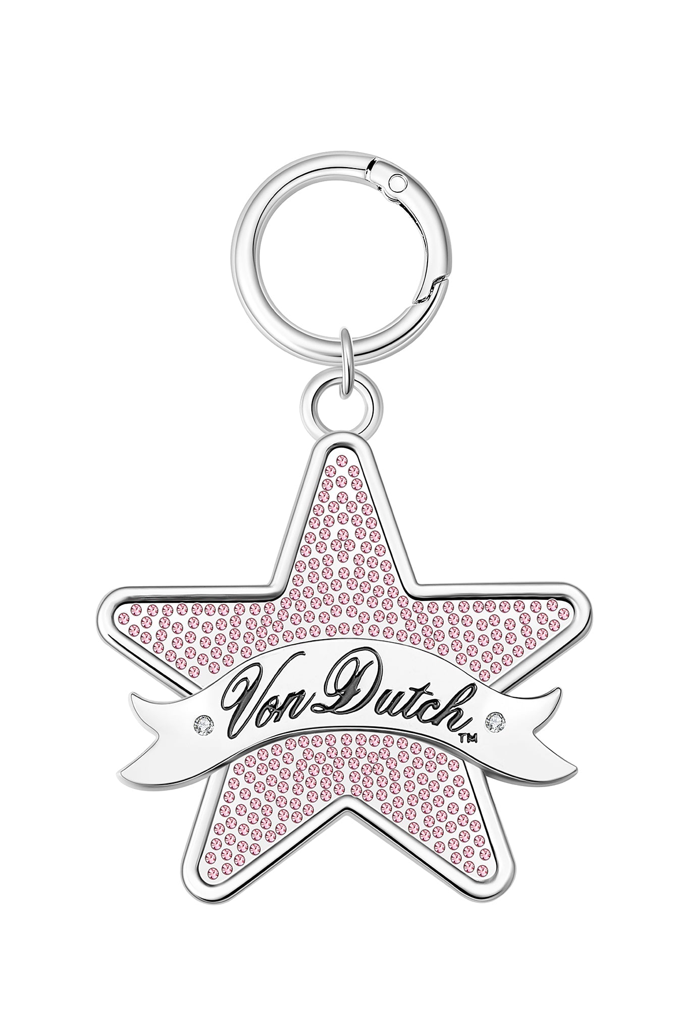 Add retro flair to your keys with the I.AM.GIA X VON DUTCH STAR KEYCHAIN—a pink, rhinestone-studded star keychain featuring a metallic "Von Dutch" banner and silver ring.