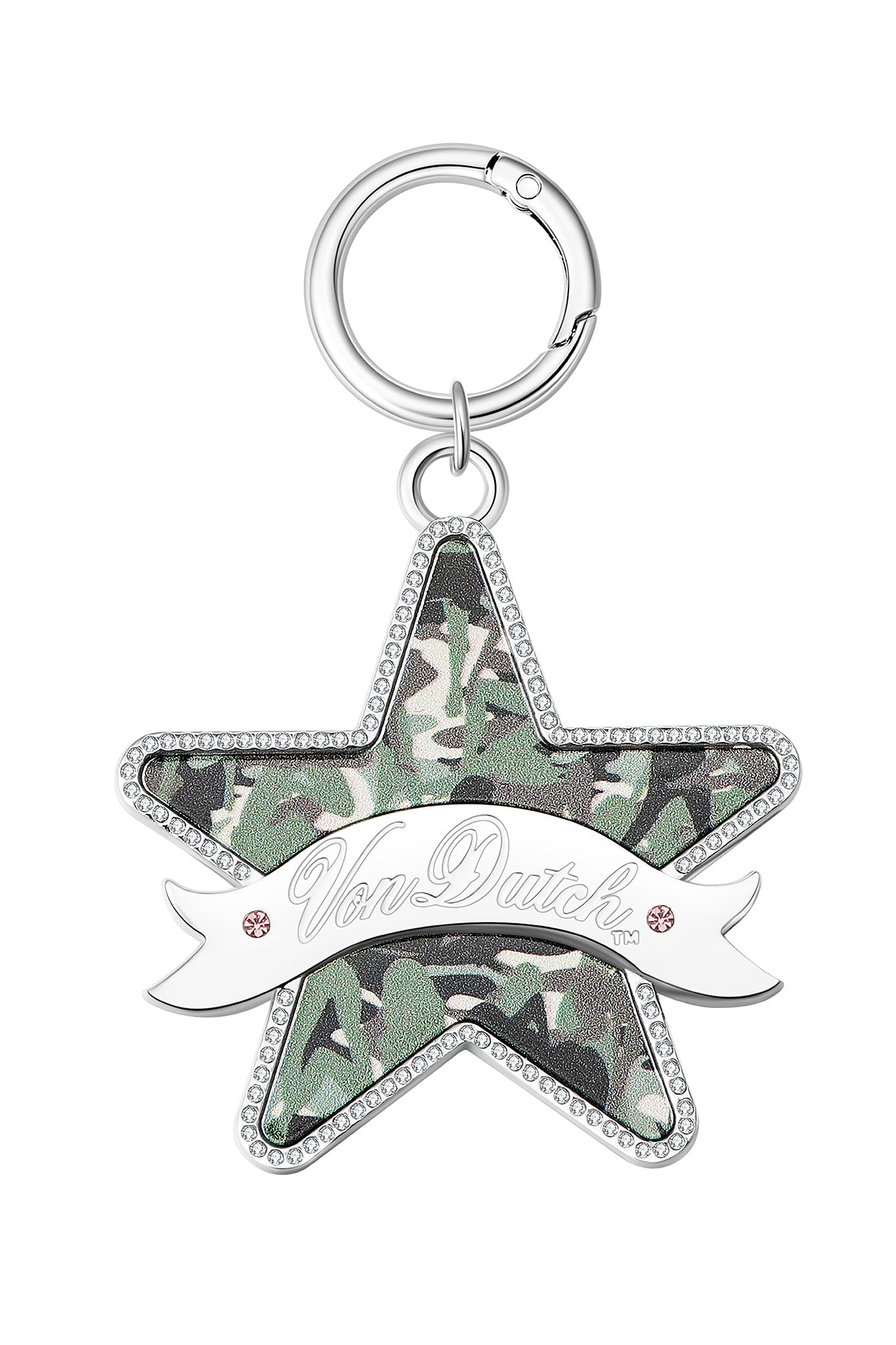 The I.AM.GIA X Von Dutch Star Keychain – Gia Girl Camo Star features a camo pattern, silver outline, rhinestones, and a center silver banner with "Von Dutch" in cursive—an iconic Y2K accessory.