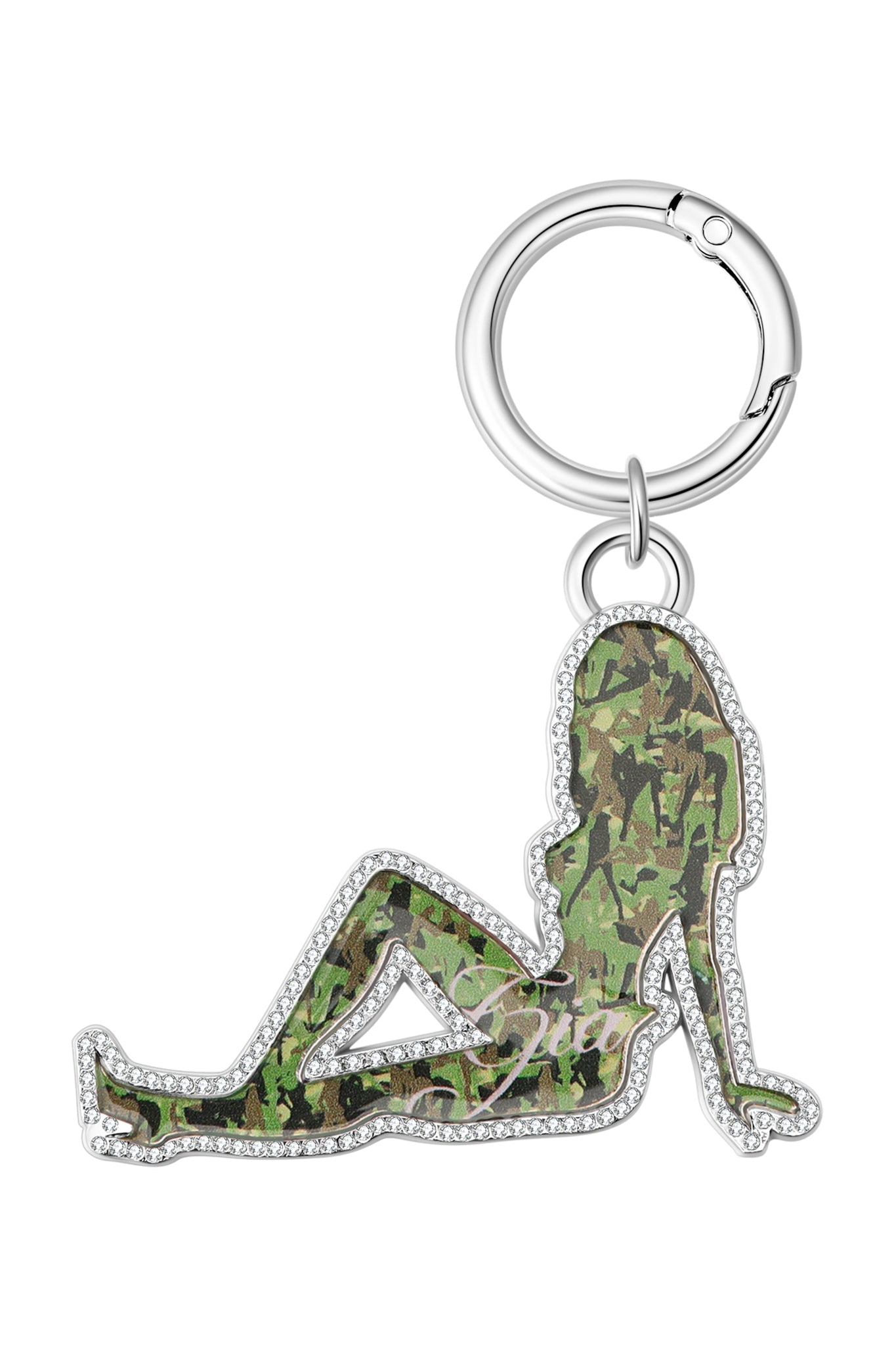 The I.AM.GIA X VON DUTCH GIRL KEYCHAIN - GIA GIRL CAMO PINK features a silver-lined silhouette of a woman with raised knee in pink camo, on a silver keyring—ideal for y2k and I.AM.GIA collab fans.
