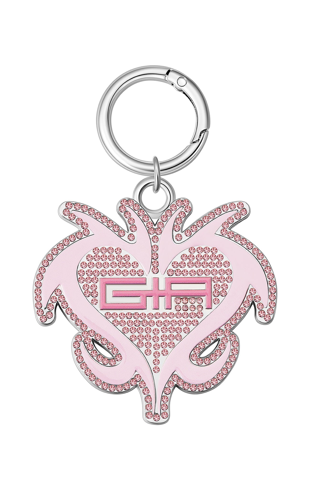 The I.AM.GIA X VON DUTCH LOGO KEYCHAIN features a heart shape with pink rhinestones, swirls, and a pink "CHA" logo at the center, finished with a silver metal ring.