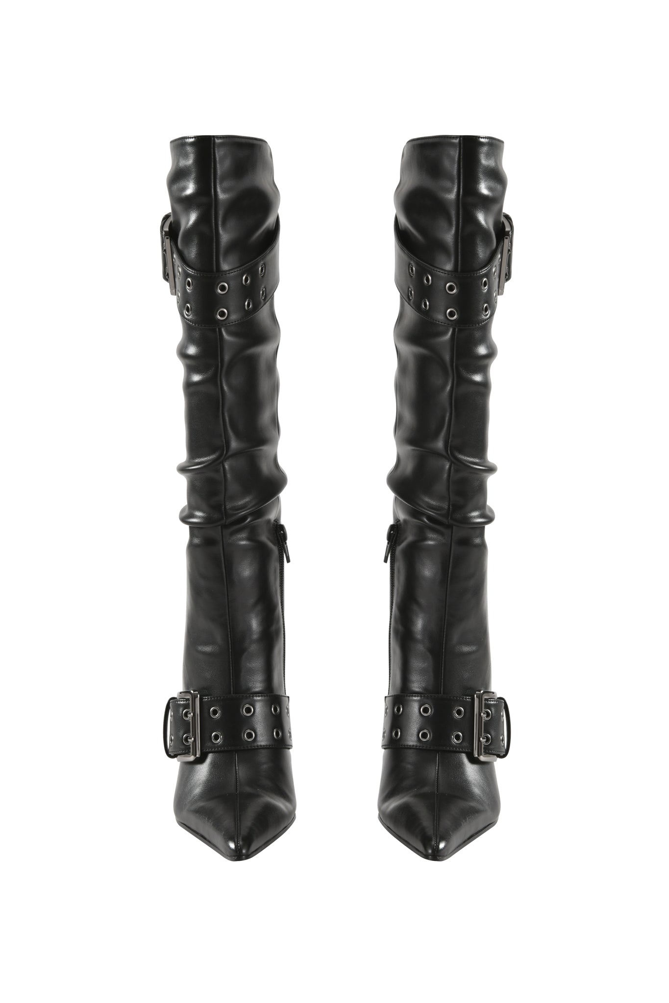 A pair of I.AM.GIA KINTH BOOT 2.0 - BLACK faux-leather knee-high boots with pointed toes, decorative harness buckle straps, and eyelet details, displayed from above on a white background.
