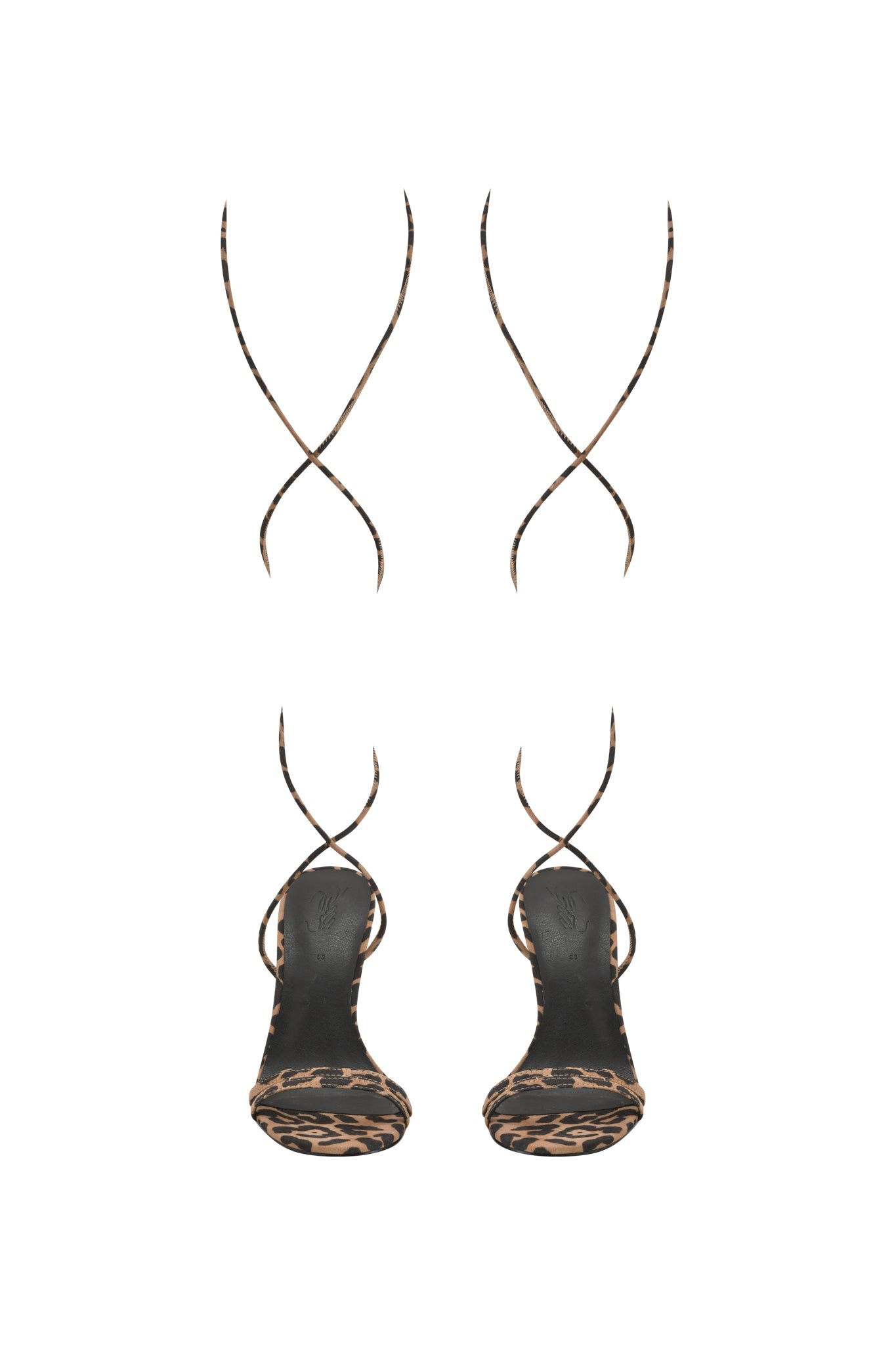 The I.AM.GIA SCARLETTE HEEL - LEOPARD features thin crisscross ankle straps and an open toe stiletto design, shown on a white background.